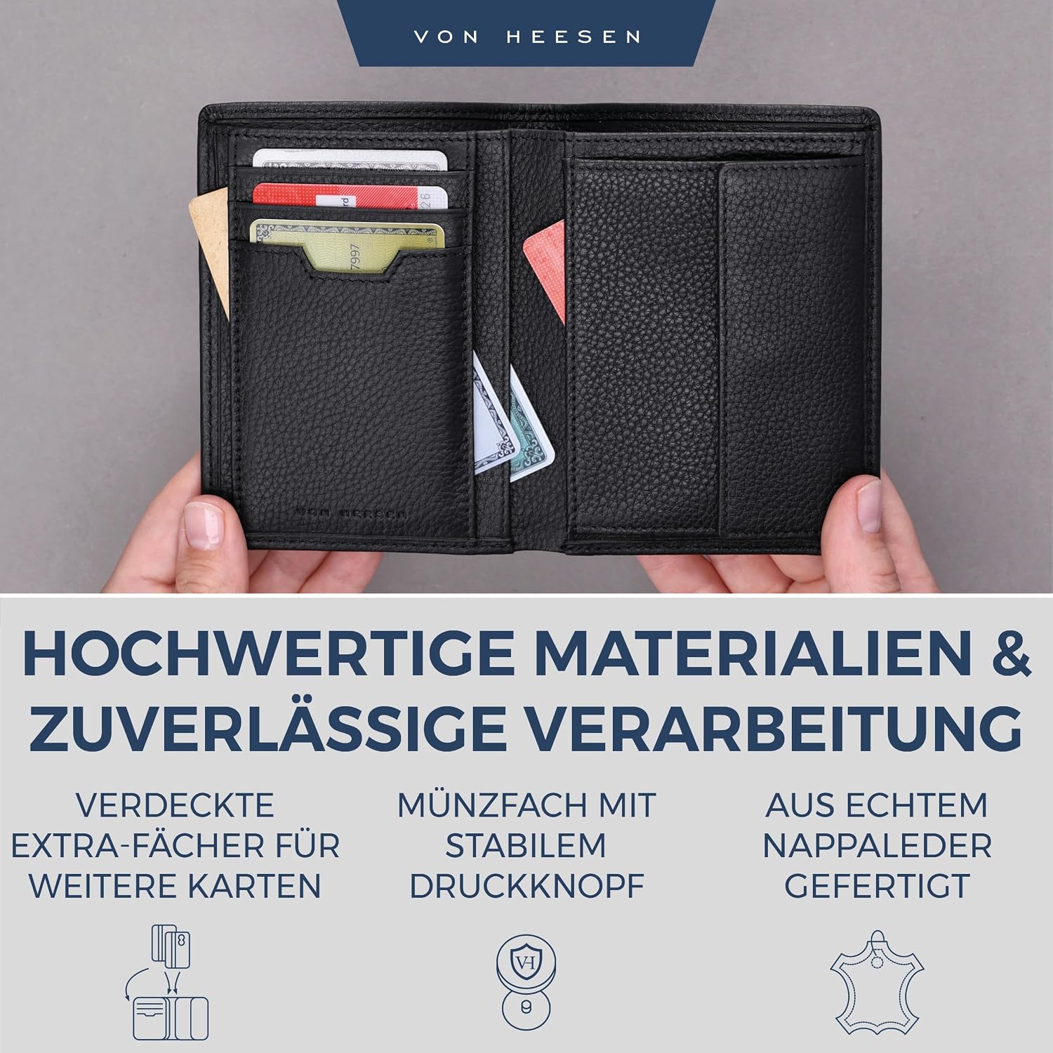 Detalle 2 de VON HEESEN Leder-Geldbörse mit RFID-Schutz (Schwarz) – Portemonnaie für Damen & Herren