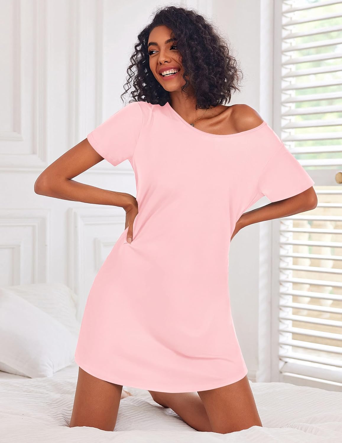 Detalle 2 de Ekouaer 3-Pack Women's Short-Sleeve Nightgowns with Button-Down and Raglan Styles