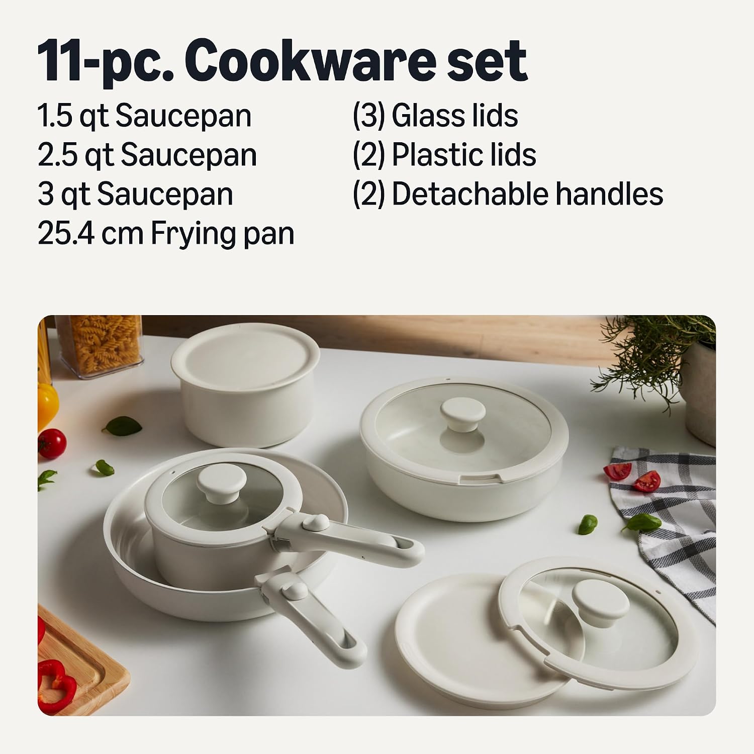 Detalle de Amazon Basics Ceramic Nonstick 11-Piece Pots and Pans Set with Detachable Handles