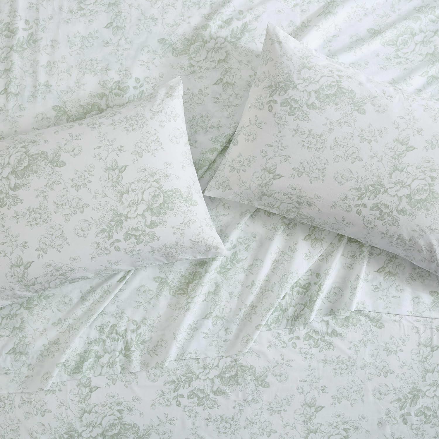 Detalle de Laura Ashley Toile Delight Green – komplet prześcieradeł perkalowych Twin, bawełna