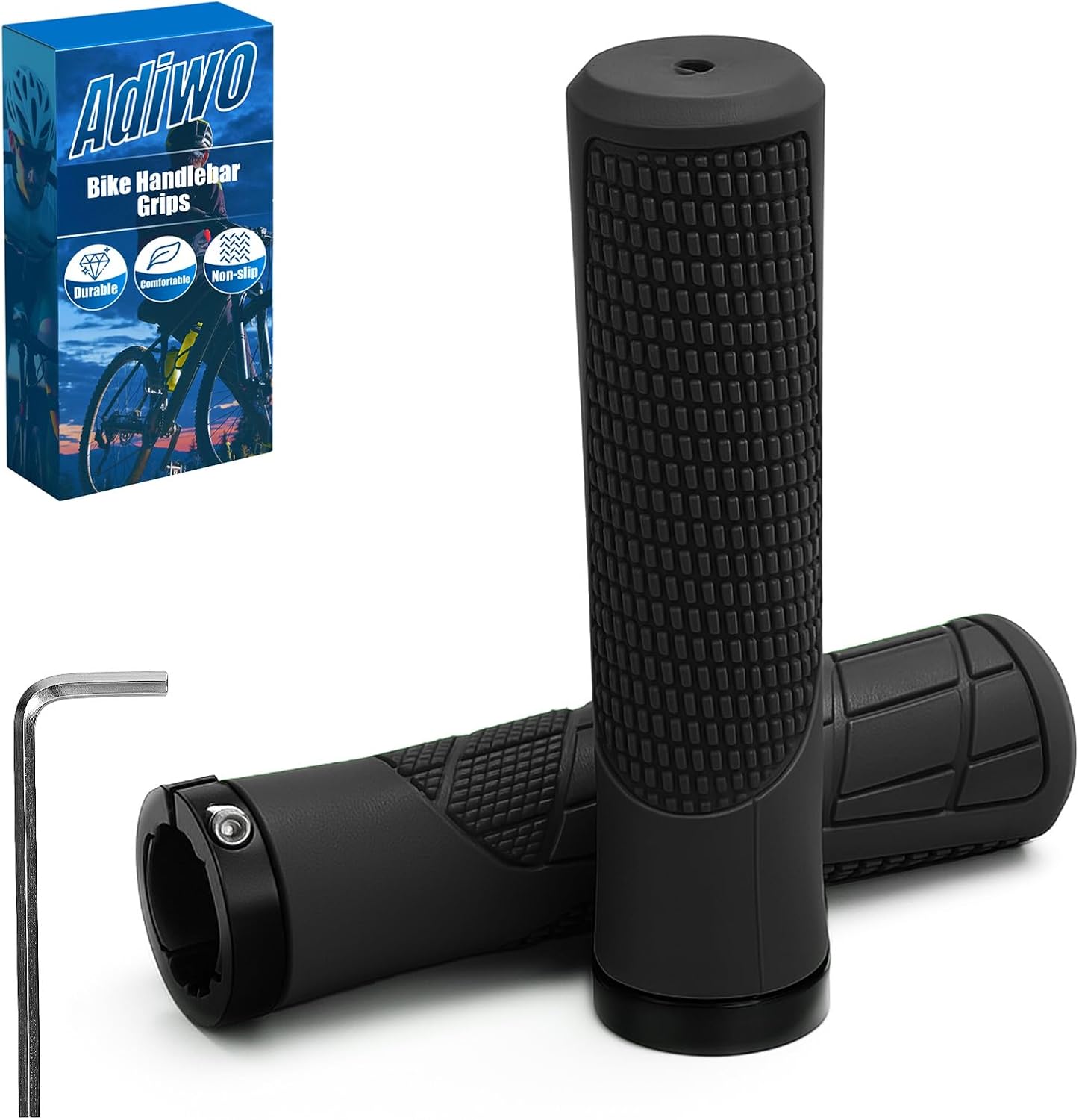Adiwo Paio di Manopole per Mountain Bike, Diametro 22 mm, Lunghezza 135 mm, in Alluminio con Chiusura Antiscivolo – Nero