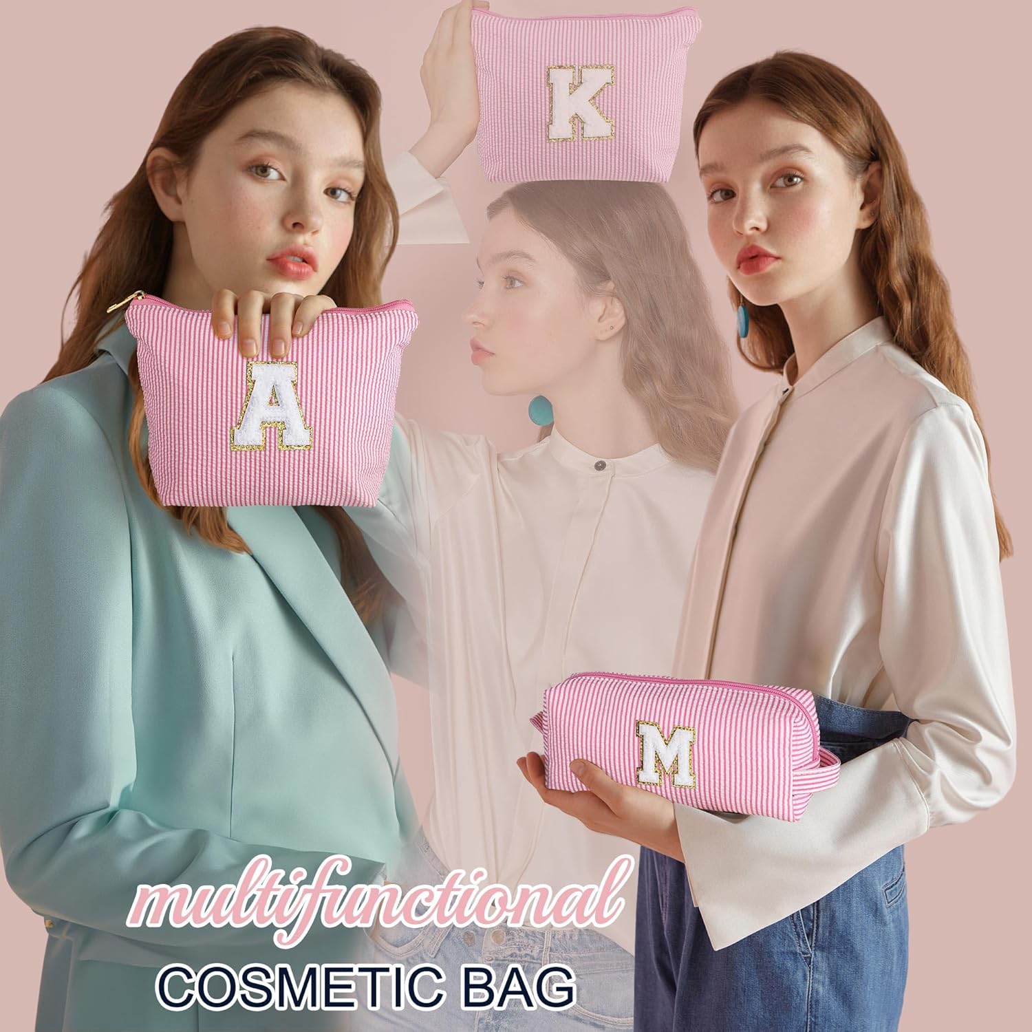 Thumbnail 1 de Parima Preppy Makeup Bag for Women - Personalised Initial Pouch