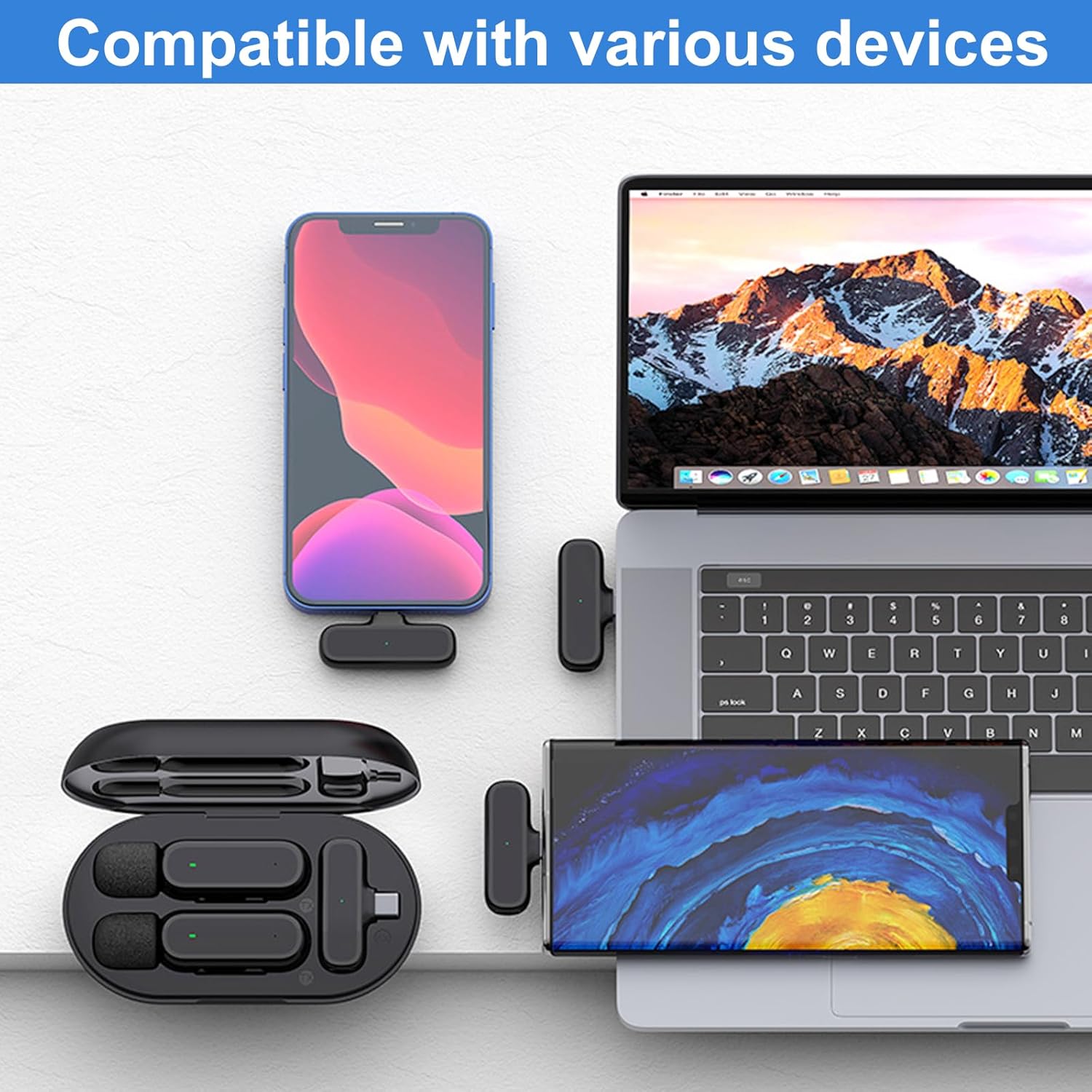 Thumbnail 6 de 2er-Set kabellose Lavalier-Mikrofone für Android – Plug & Play, mit Adapter, 65 ft Reichweite, Rauschunterdrückung