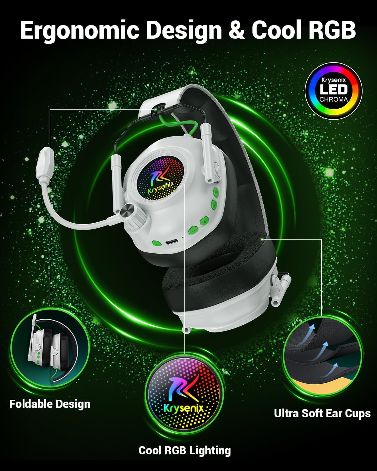Detalle 2 de Krysenix KGH2 Wireless Gaming Headset, 50mm Drivers, 2.4GHz & Bluetooth 5.4