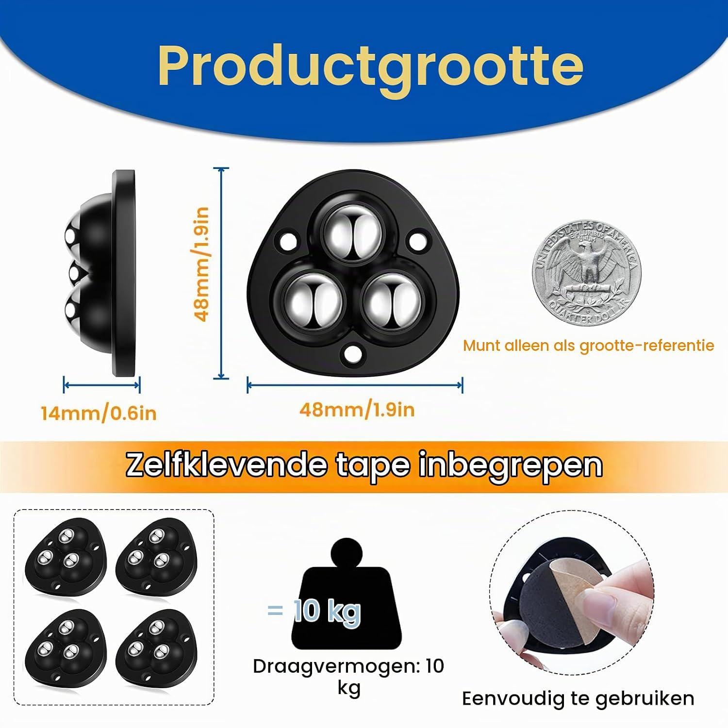 Detalle 2 de TRVL FIELDER mit 3 Kugellagern zelfklevende miniwielen, 360° draaibaar, zwart