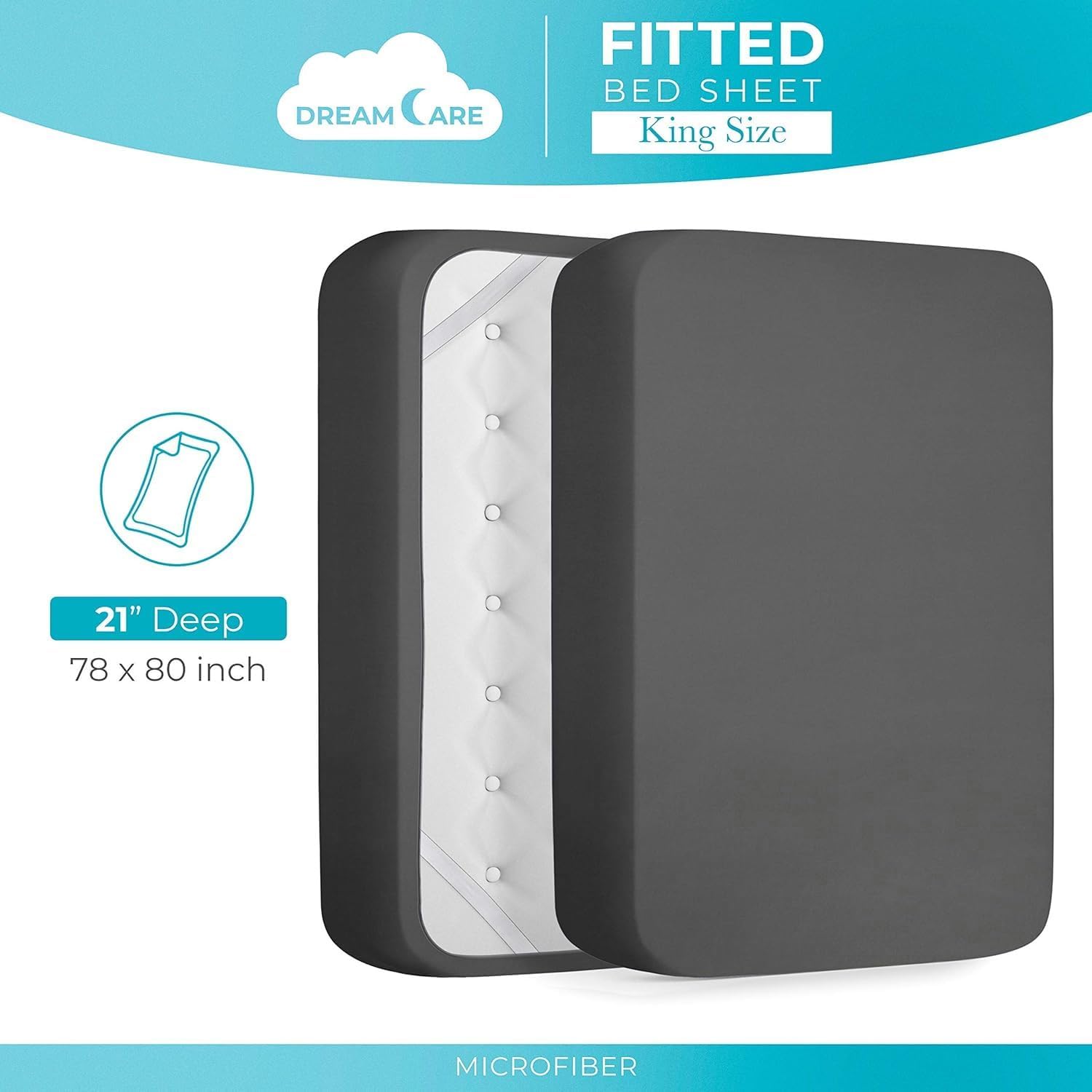 Detalle 2 de DREAMCARE King Fitted Sheet, Dark Grey Brushed Microfiber, Pocket up to 15in