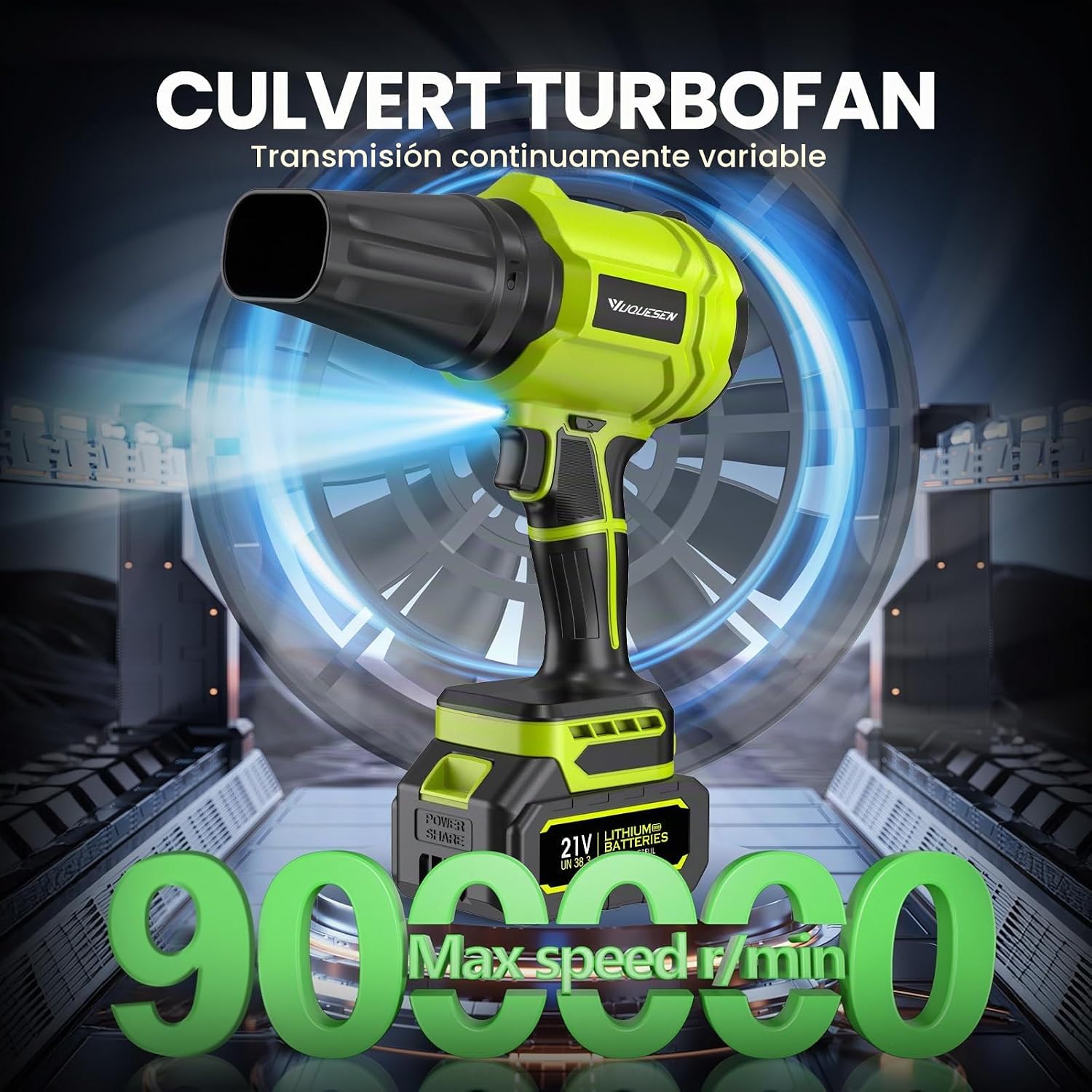 Thumbnail 1 de Soplador de Hojas Yuquesen 900.000 RPM — kit 2 baterías, cargador y accesorios (Verde Brillante)