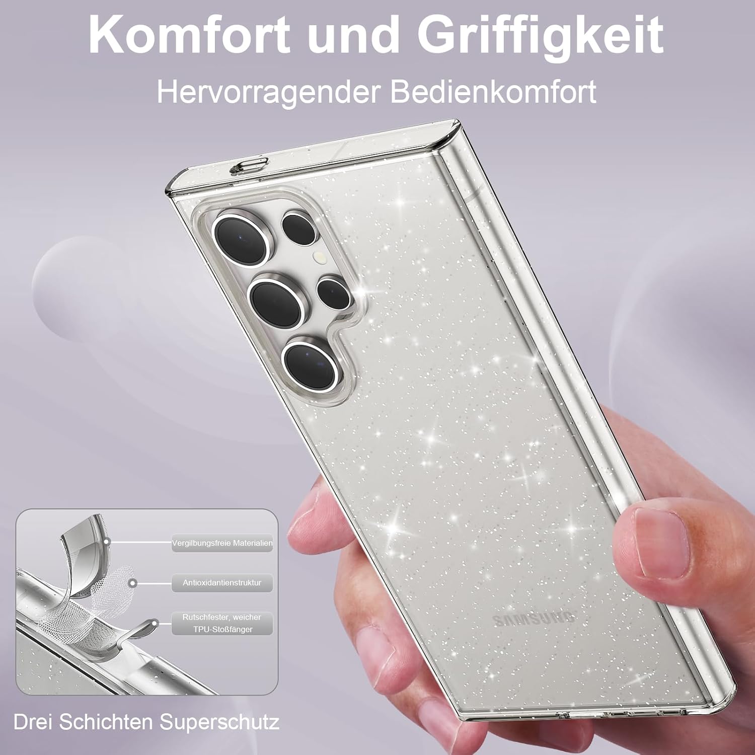 Thumbnail 3 de Glitzer Hülle für Samsung Galaxy S24 Ultra – Transparent, stoßfest und bling-glitzernd