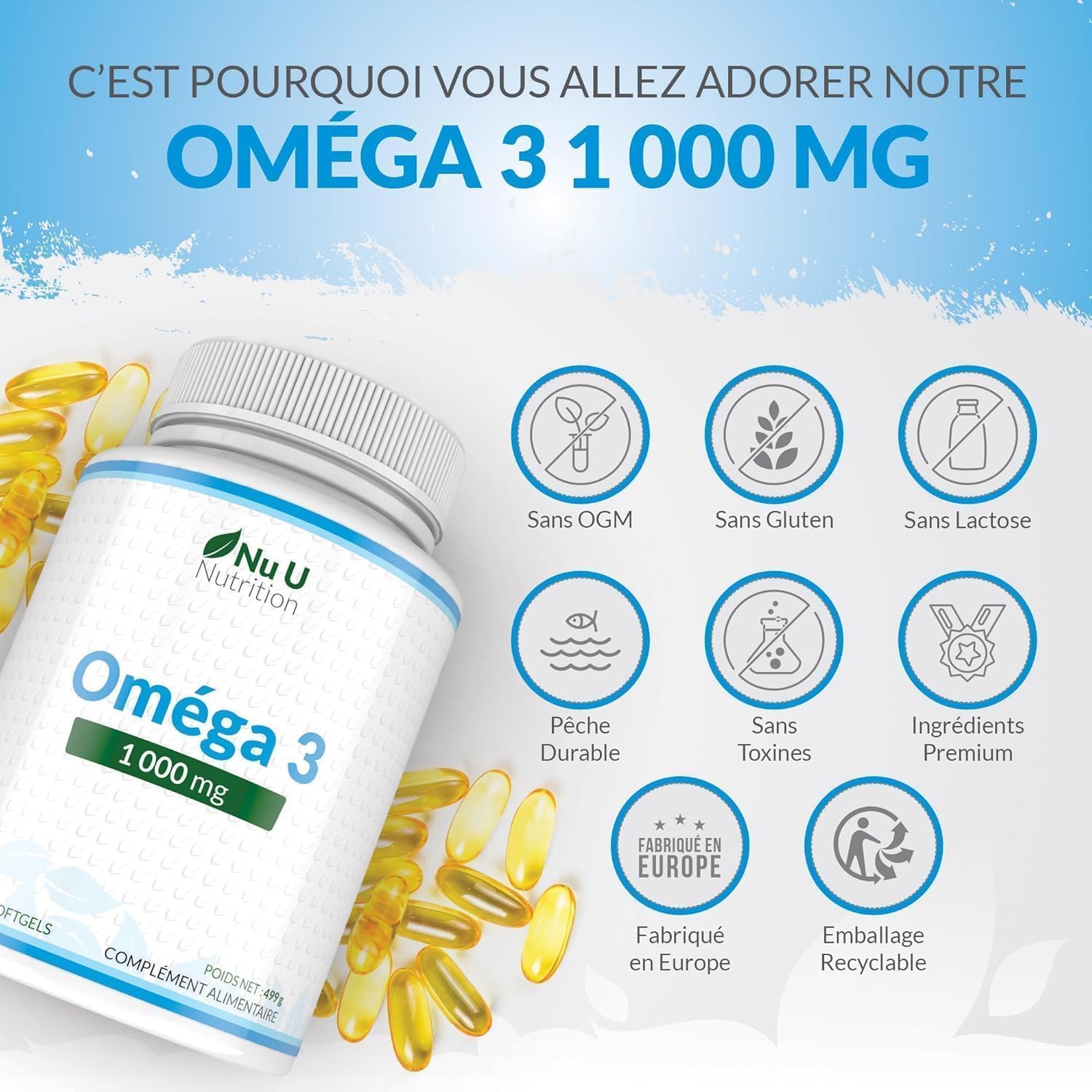 Thumbnail 6 de Omega 3 Fish Oil 1000 mg - Nu U Nutrition, 365 gélules: vitamine essentielle pour cœur, vision et cerveau
