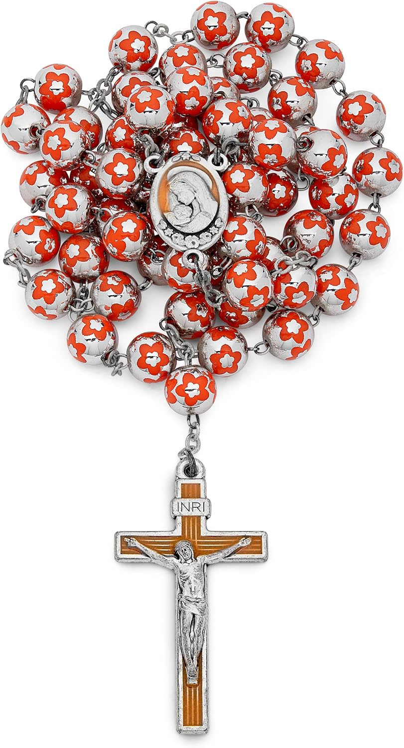 Rosario Cattolico della Madonna col Bambino in grani color Argento decorati con fiorellini