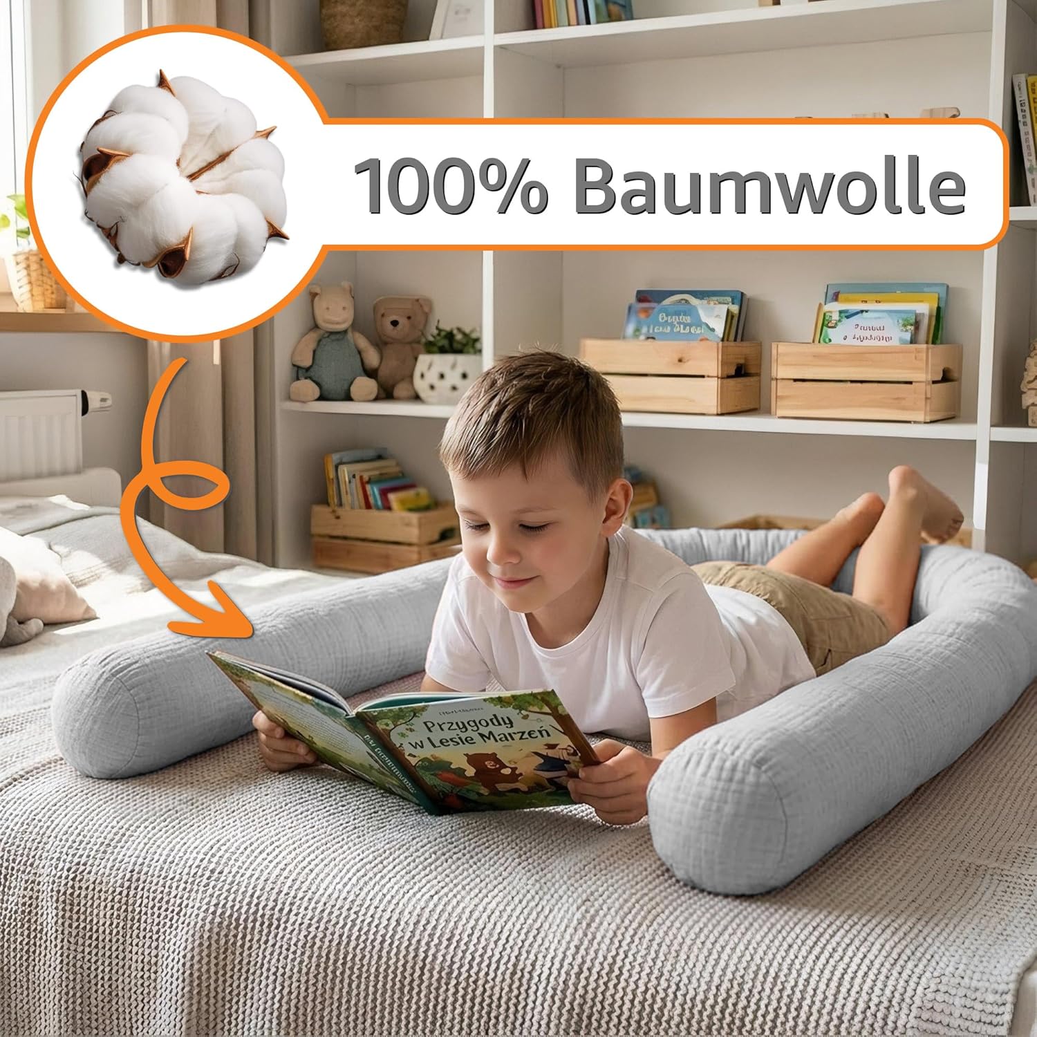 Detalle de Totsy Baby Seitenschläferkissen Musselin – langes Bettrollen-Nacken | 300 cm, Oeko-Tex, pflegeleicht