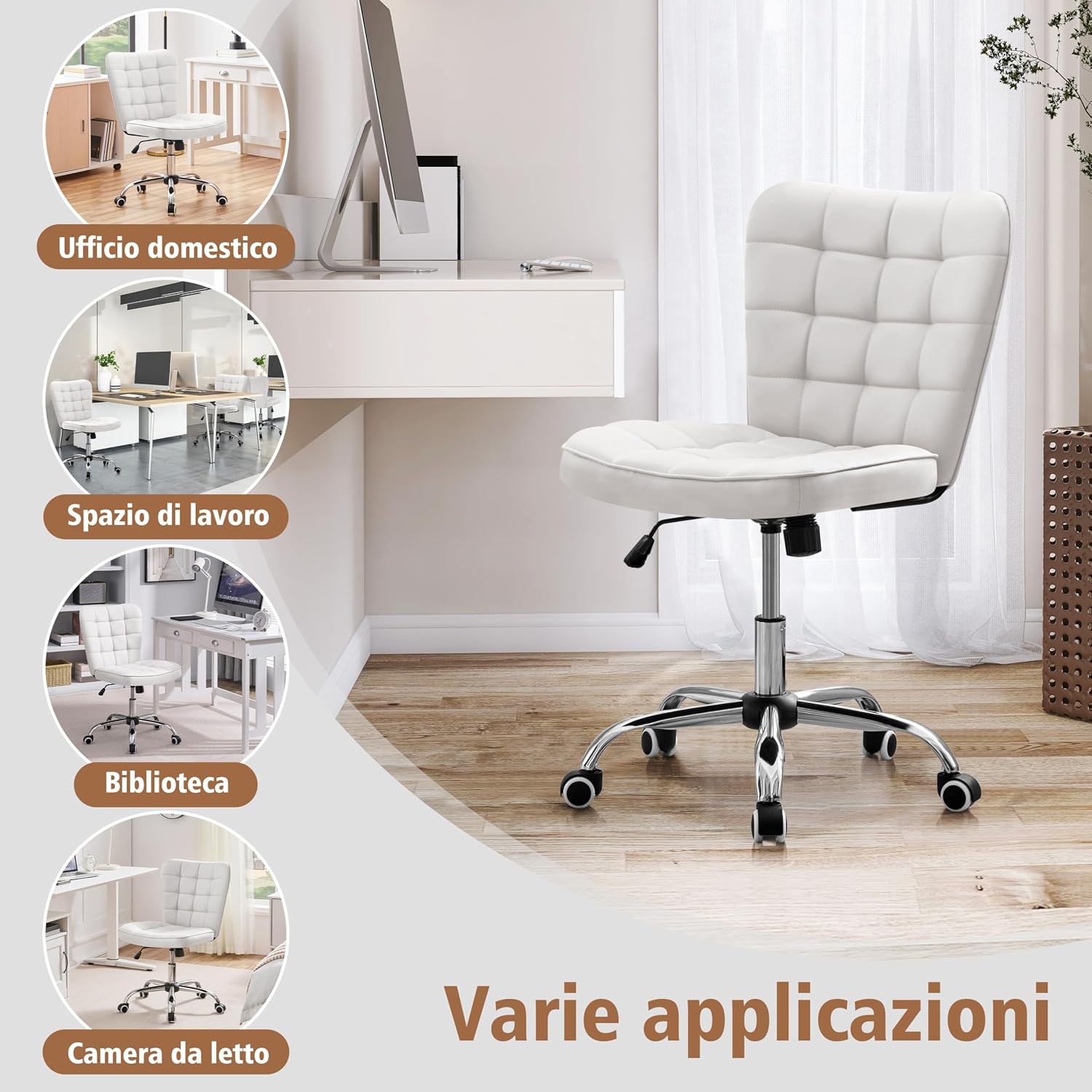 Thumbnail 3 de Yaheetech Sedia Ufficio Srivania senza braccioli in ecopelle bianca, ergonomica con altezza regolabile e funzione dondolo