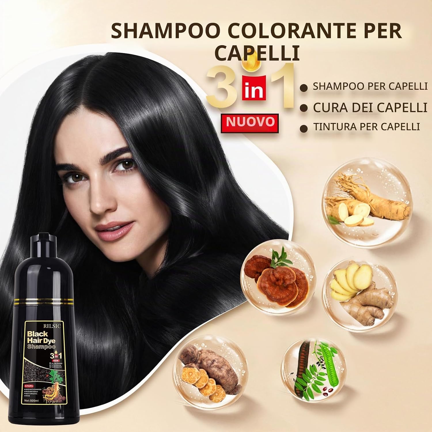 Detalle de JELMOK 3 in 1 shampoo tinta nero 500 ml