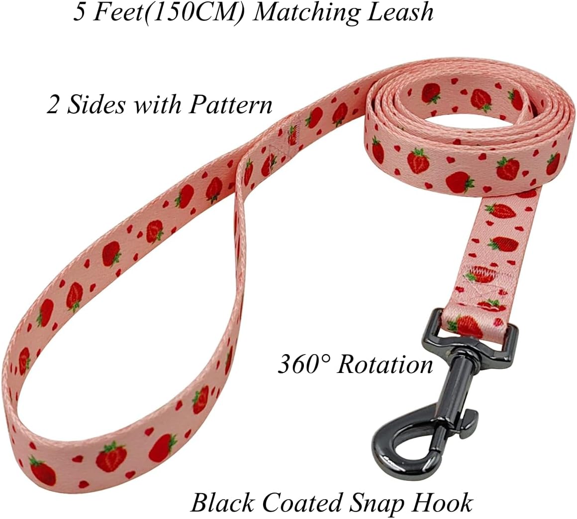 Detalle de Olahibi Strawberry Pattern Dog Collar and Leash Combo Set (XS) – 150cm Leash, Polyester, Small Puppies