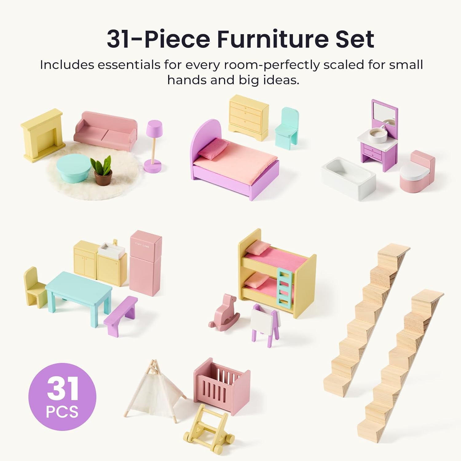 Detalle de Tiny Land Wooden Dollhouse for Girls - 6 Rooms with 31-Piece Furniture Set (Unicorn Purple)