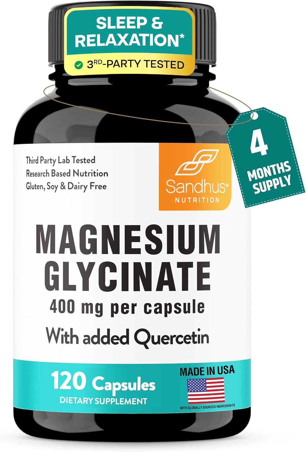 Detalle de Sandhu's Magnesium Glycinate 400mg Capsules with Quercetin, 120 Count