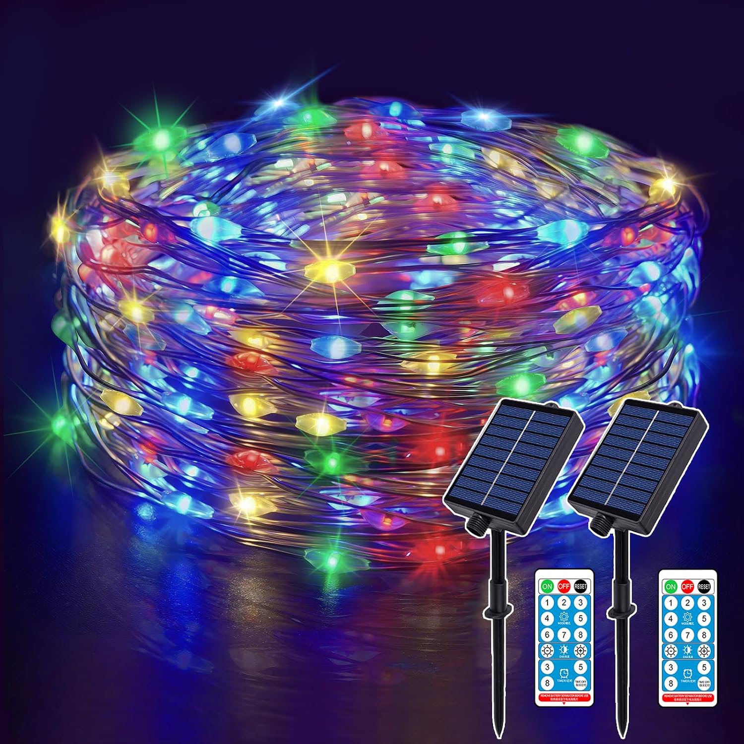Detalle de Meision Solar Lichterkette Außen 10 m – 100 LEDs, Kupferdraht, IP65, Timer & Fernbedienung (2er Set)