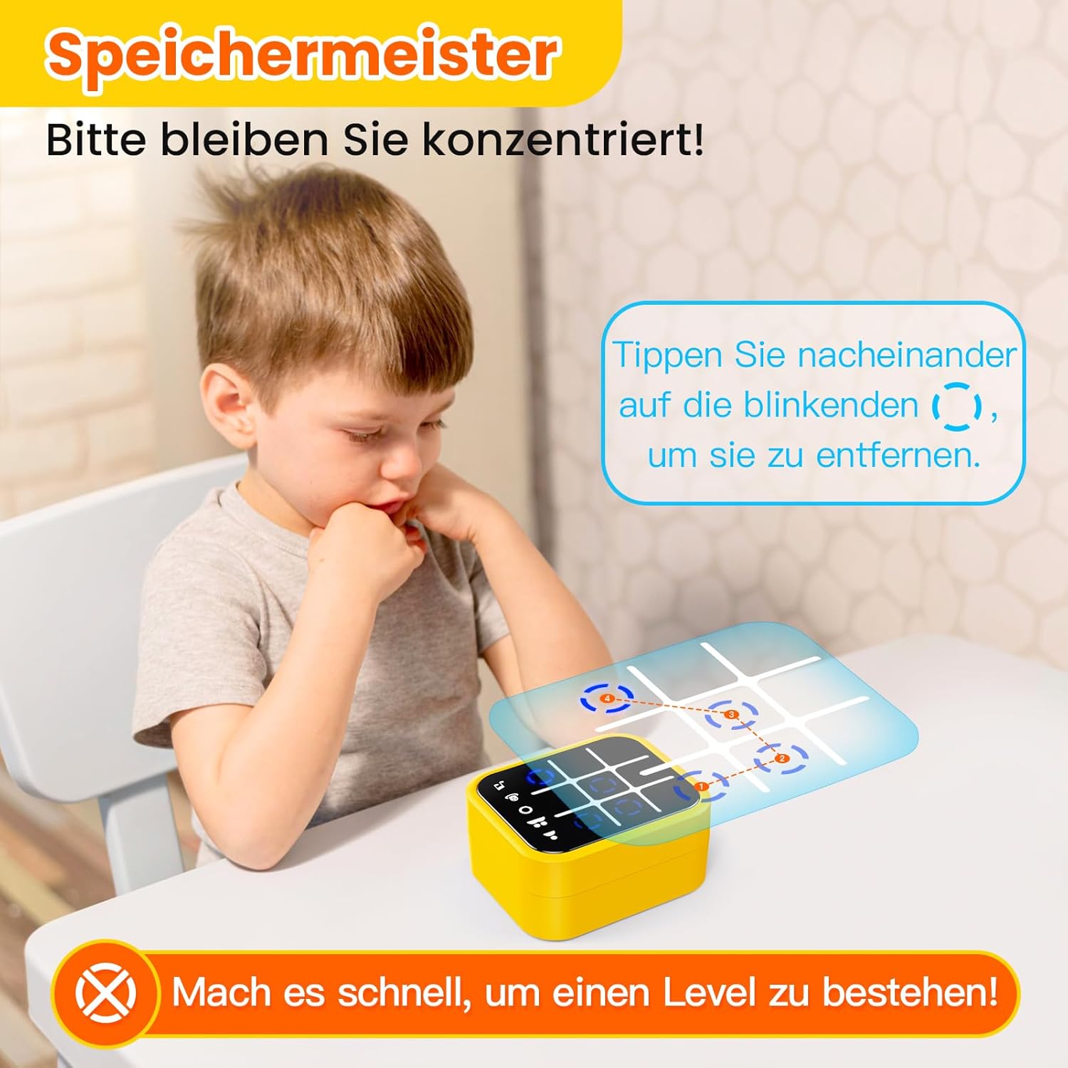 Detalle de Anoawens Wiederaufladbare Tic-Tac-Toe Spielbox (5-in-1) – Handheld Puzzle-Konsole für unterwegs, ab 3 Jahren, gelb