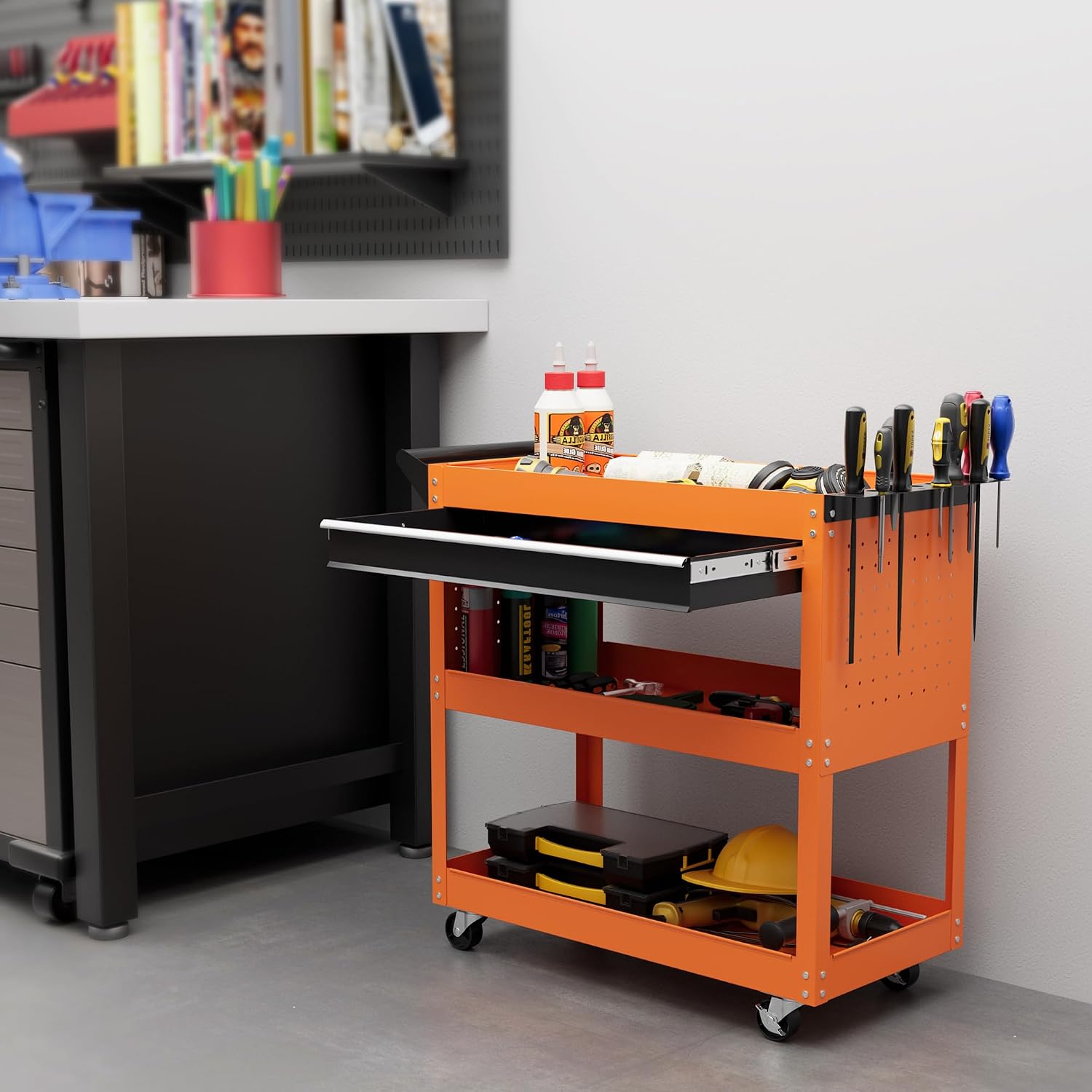 Detalle de DURHAND B20-065V00OG werkplaatswagen met 3 legplanken en lade