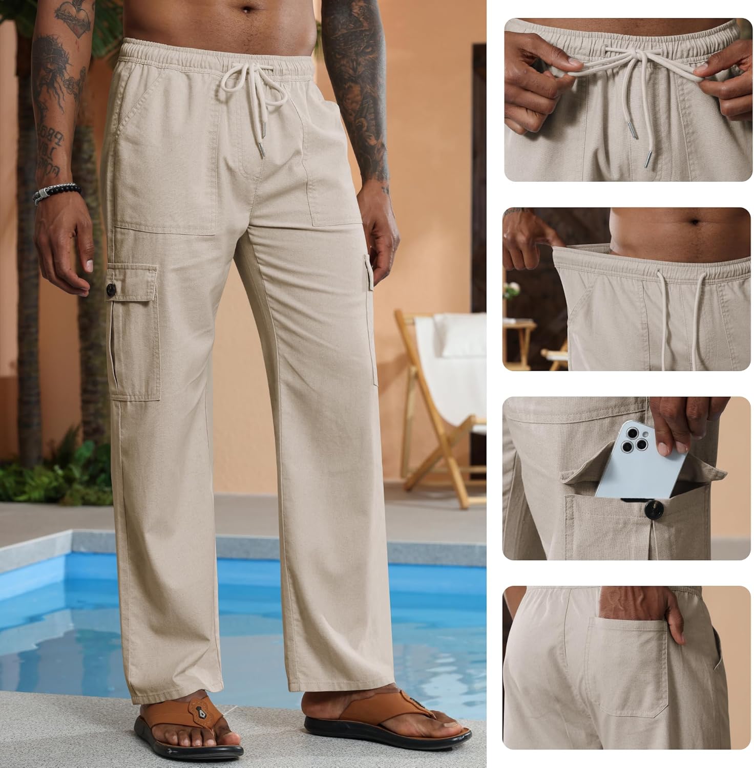 Detalle 2 de Breampot Herren Leinenhose Lang – Leichtes Cargo-Design mit Kordelzug