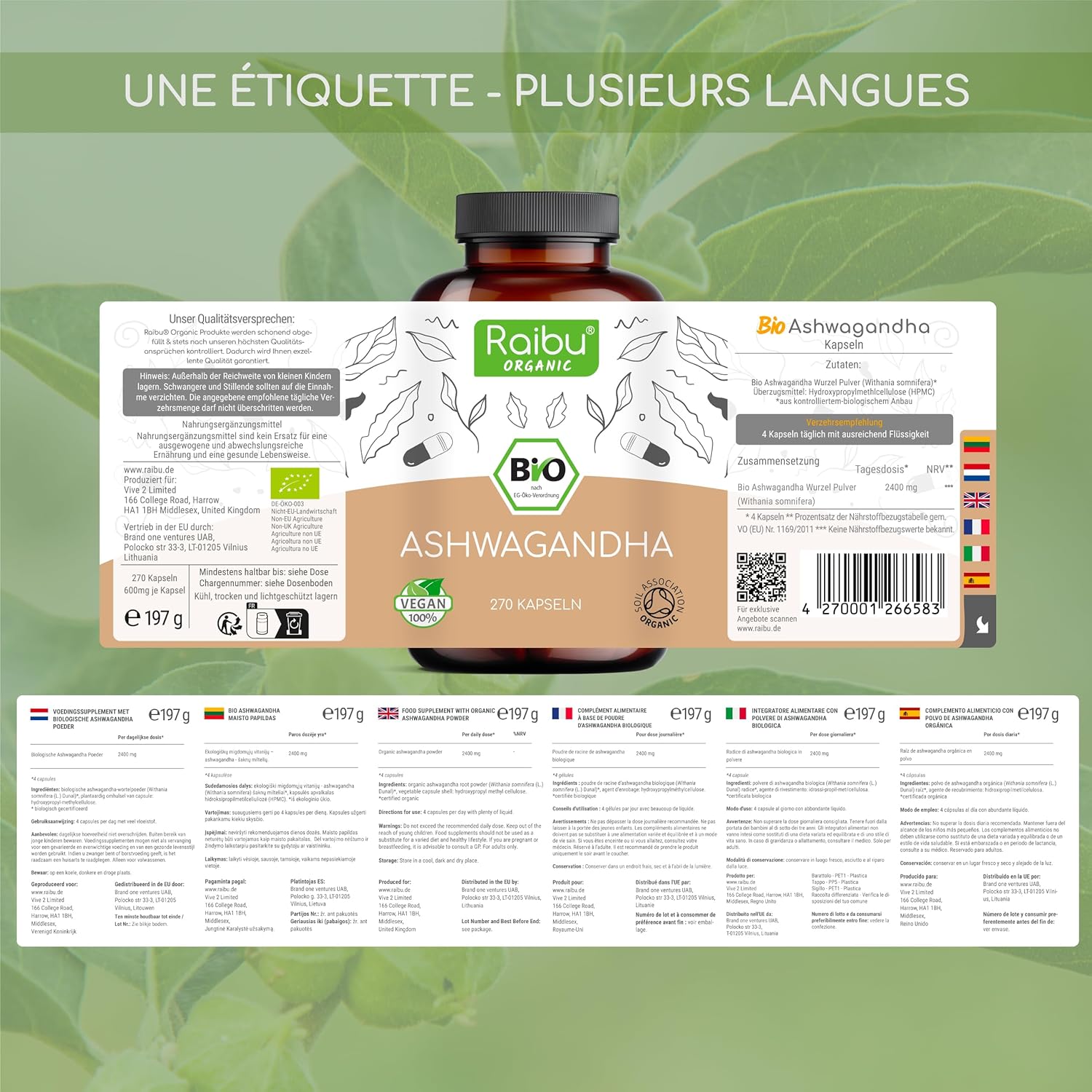 Thumbnail 4 de Ashwagandha BIO Raibu – 270 gélules (extra fort, 2400 mg/jour)