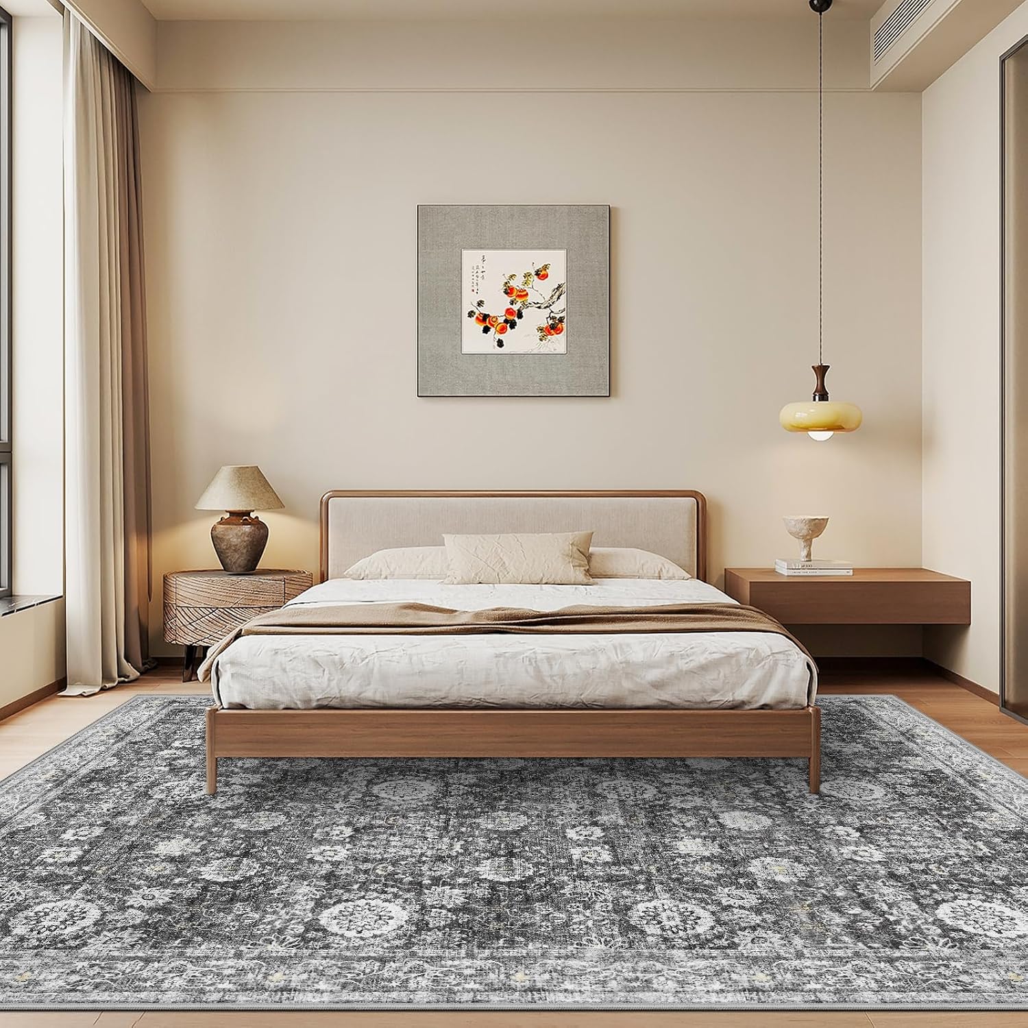 Detalle 2 de Capslpad Vintage Floral Area Rug, 244 x 305 cm, Washable, Non-Slip, Dark Grey