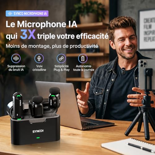 Detalle de SYNCO SMICT Micro Cravate Sans Fil IA pour Android — Deux micros, IA en temps réel