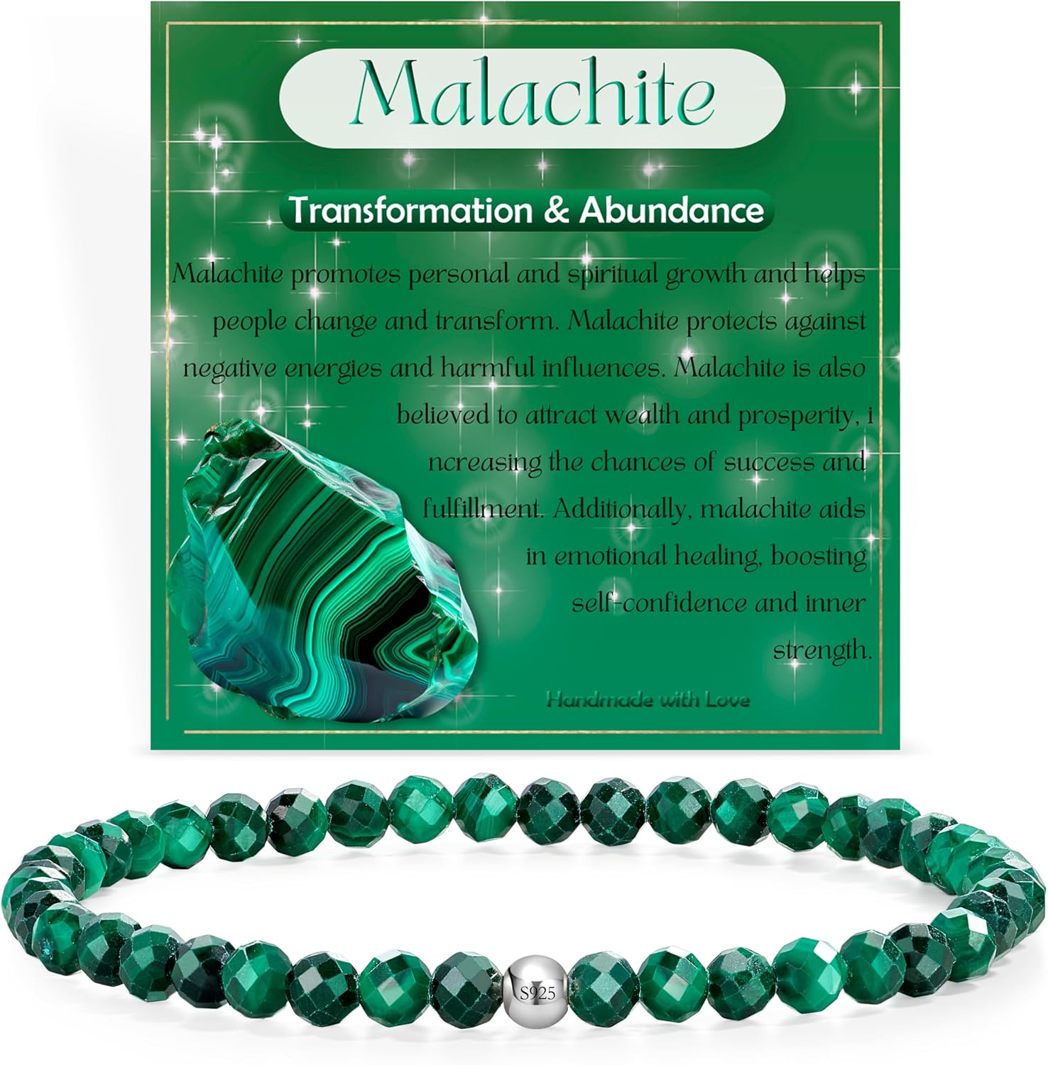Detalle de Farfume 4mm Edelstein Perlen Armband – Malachit & 925er Silber, elastisch, Naturstein Schmuck für Damen