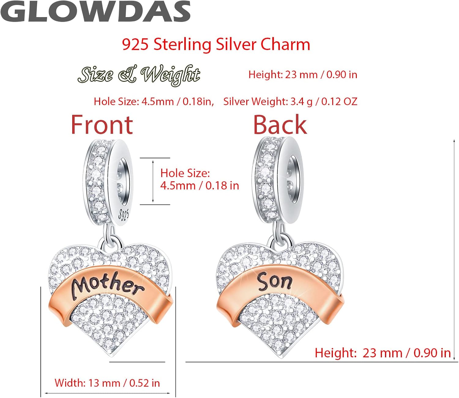 Detalle de Family Charms 925 Sterling Silver Heart Pendant for European Bracelets