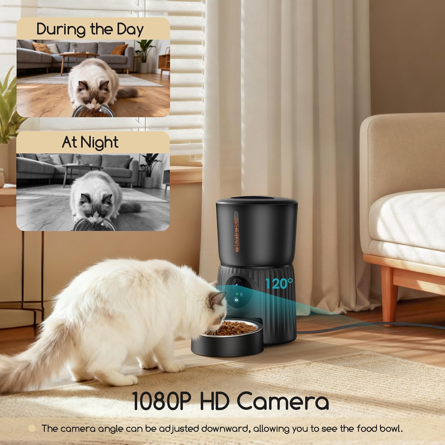 Detalle de Faroro Distributore Automatico per Cibo Gatti con Telecamera HD 1080P, Visione Notturna e Audio Bidirezionale (Dispenser 4L)