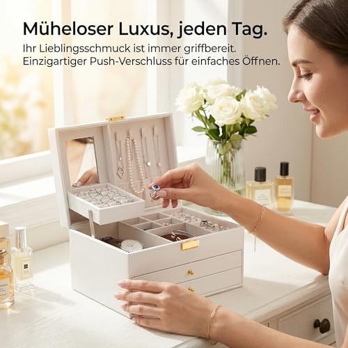 Detalle de AJIEQAQ Schmuckkästchen Weiß mit Spiegel – 3 Ebenen, 2 Schubladen, praktische Schmuckaufbewahrung