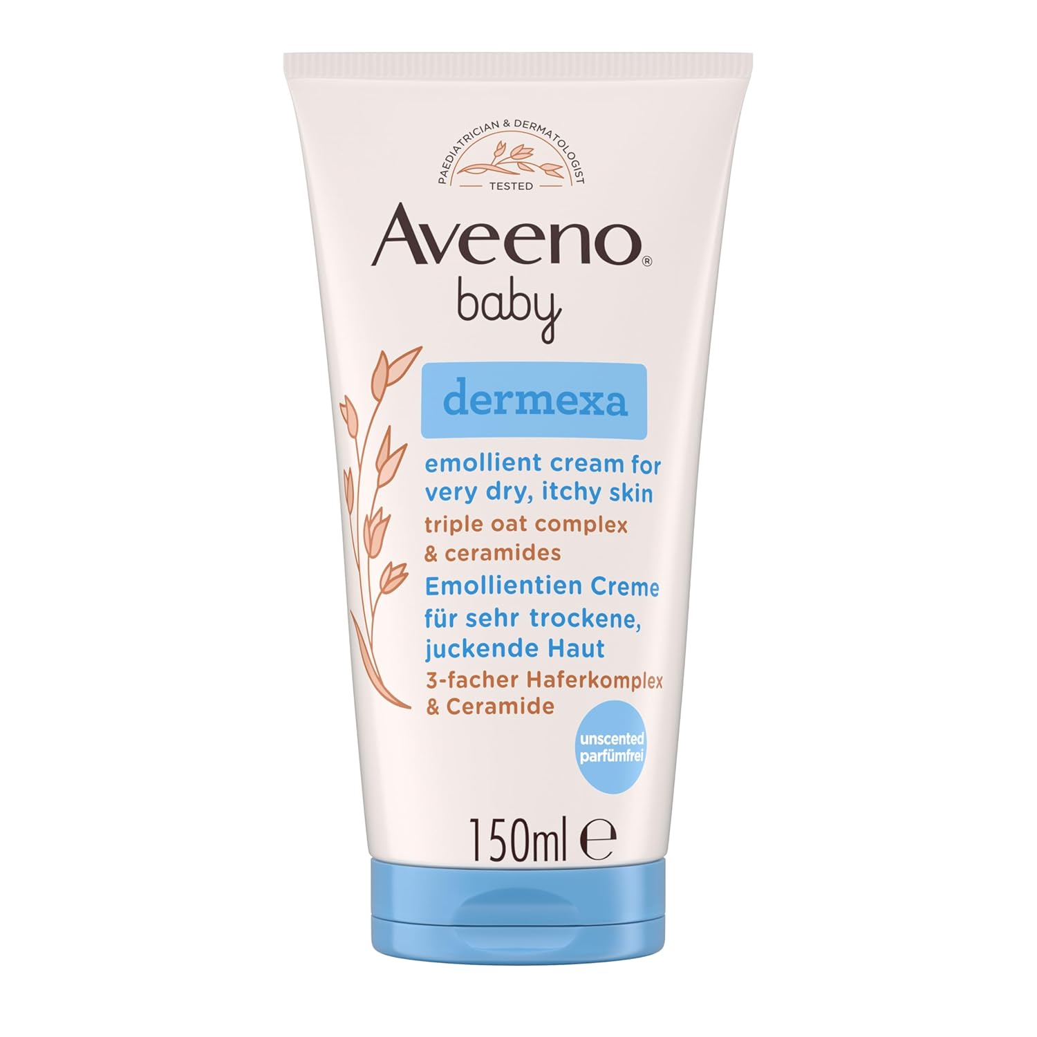 Detalle de Aveeno baby dermexa Emollientien Creme mit präbiotischem Hafermehl, Ceramiden & Panthenol (150 ml) für sehr trockene, juckende Haut