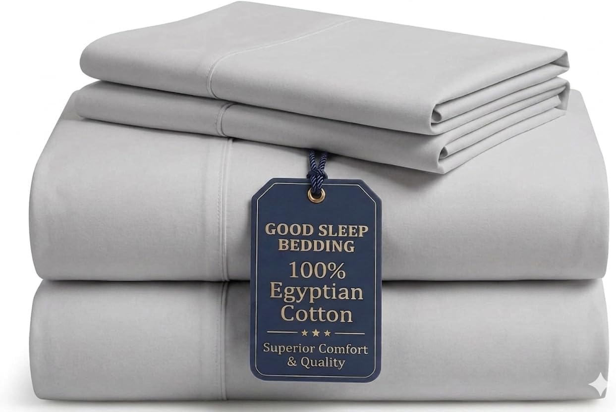 Detalle de Good Sleep Bedding Twin XL Egyptian Cotton Sheets, Light Gray, Sateen Weave