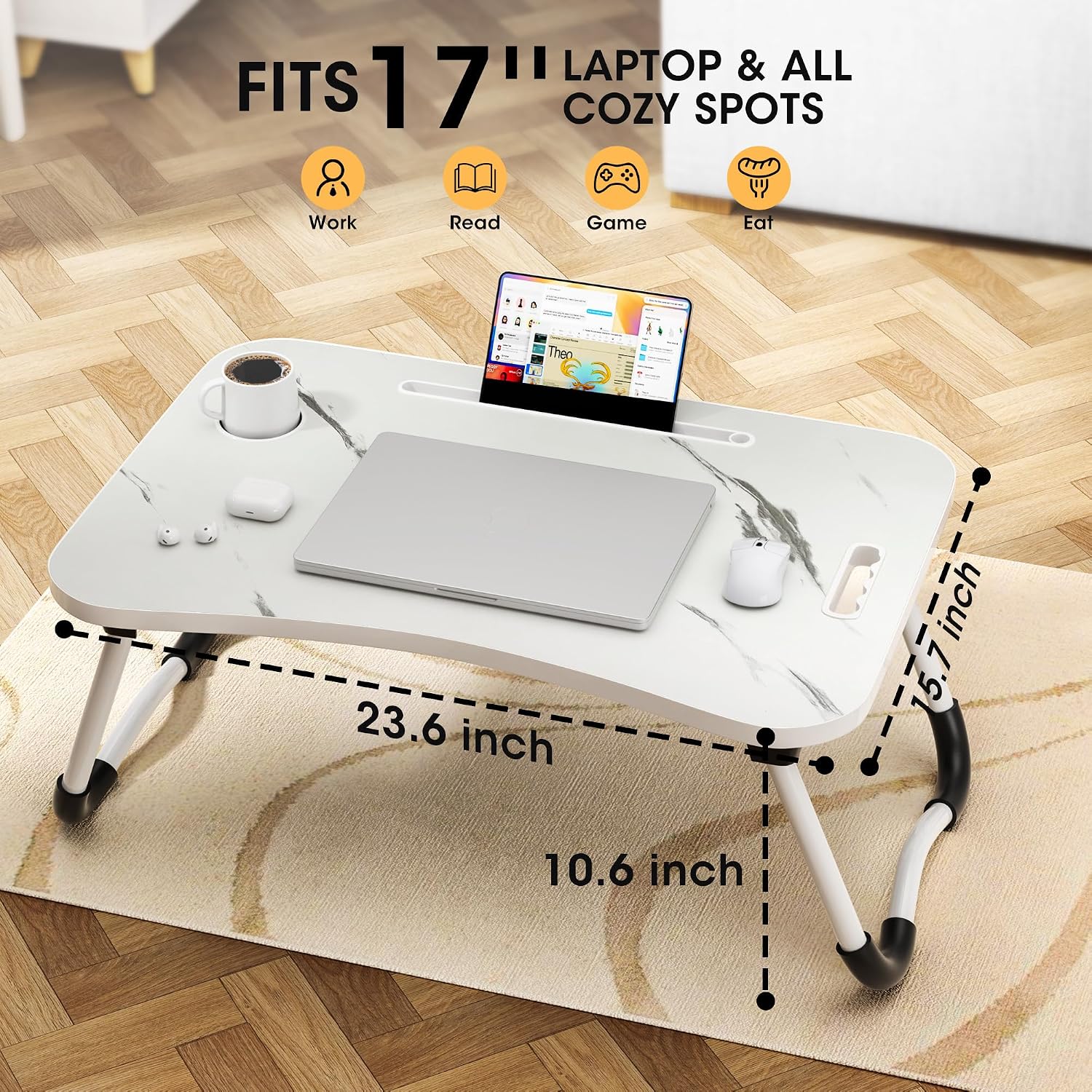 Detalle 2 de Frpufi LD006 Folding Lap Desk, 23.6-Inch Wood Surface with Cup Holder