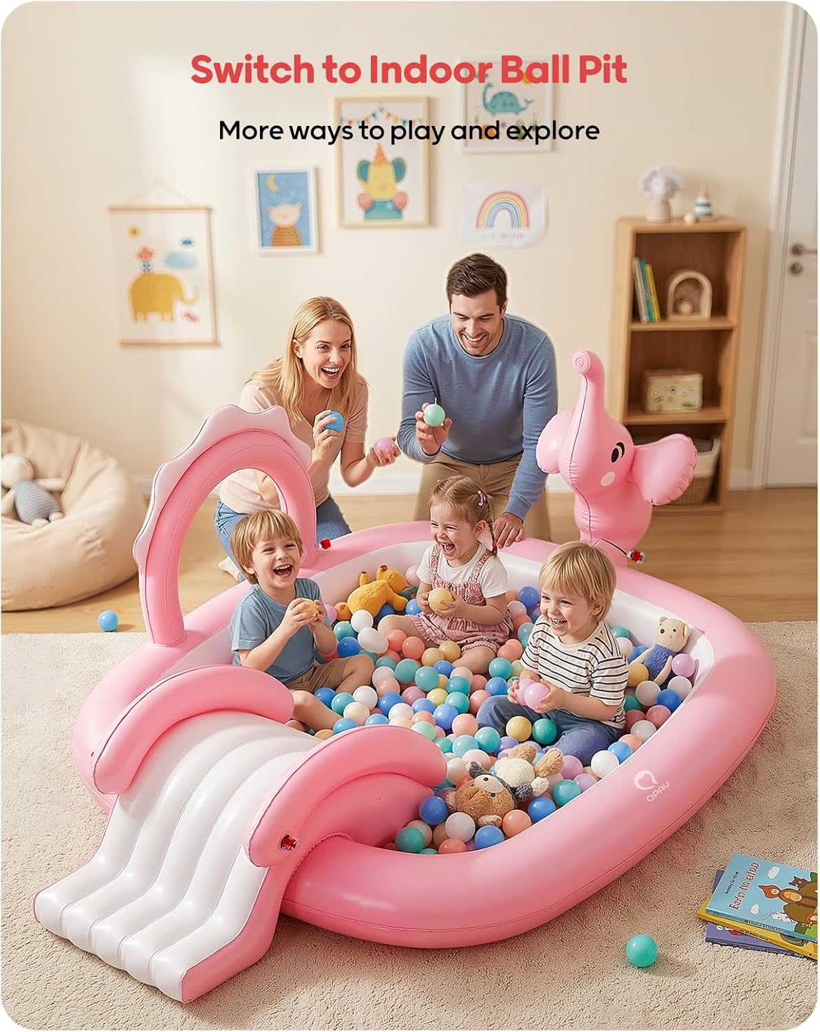 Detalle de QPAU Elephant Kids Pool with Slide and Sprinkler: 72 x 64 x 37 in Inflatable Play Center