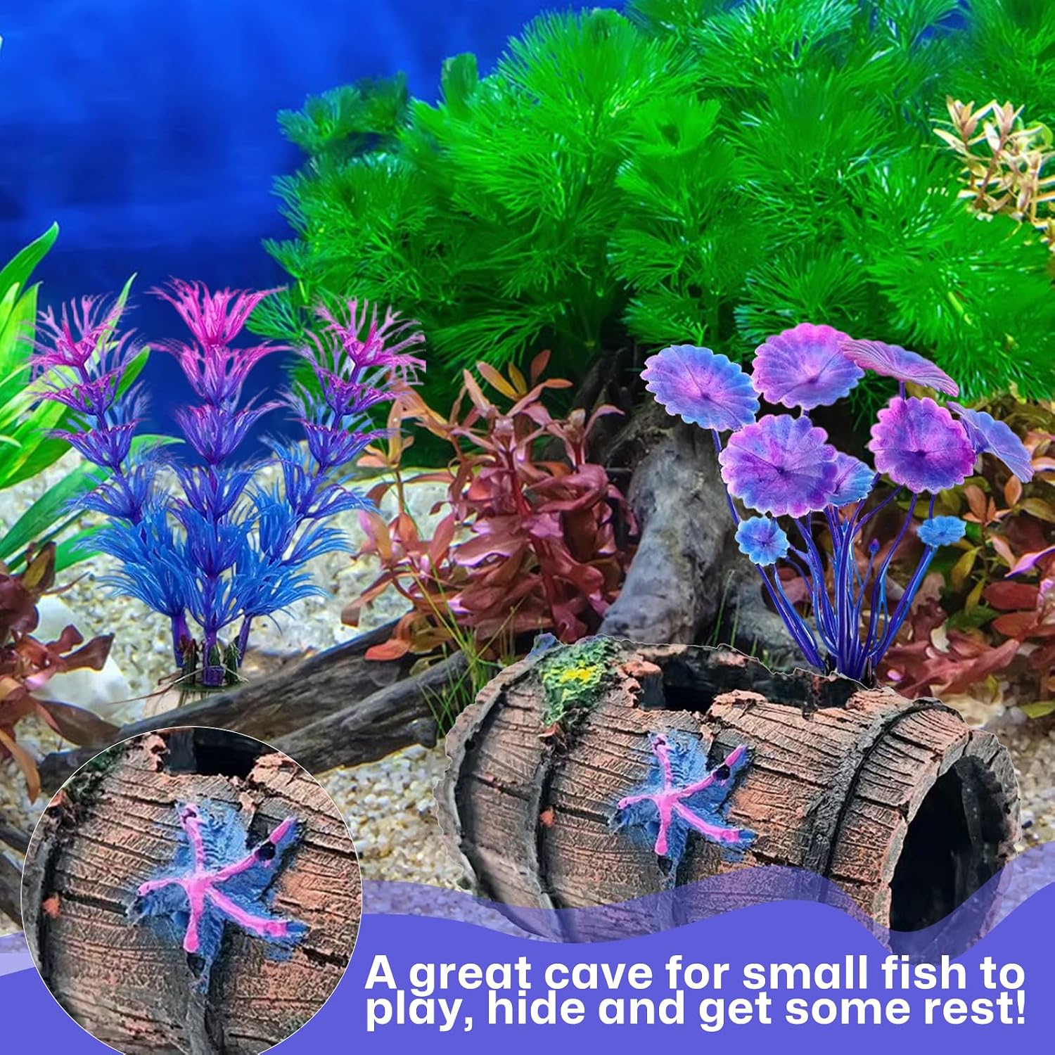 Detalle de LZYDKH broken barrel cave ornament with 4 aquatic plants for aquariums