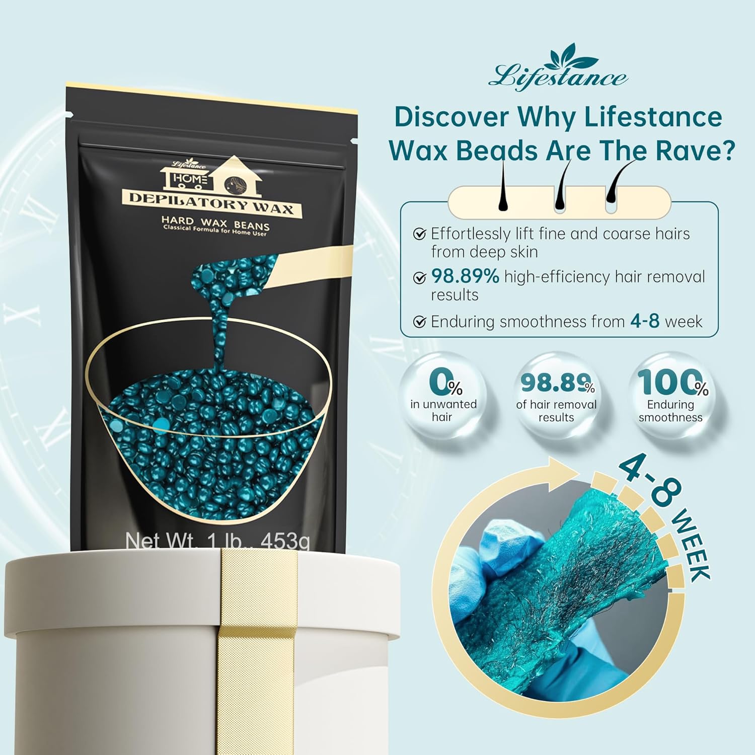Detalle de Lifestance Cire Épilation Vert Perle 450 g avec 10 Spatules - Épilation Corps Complet et Bikini Brésilien