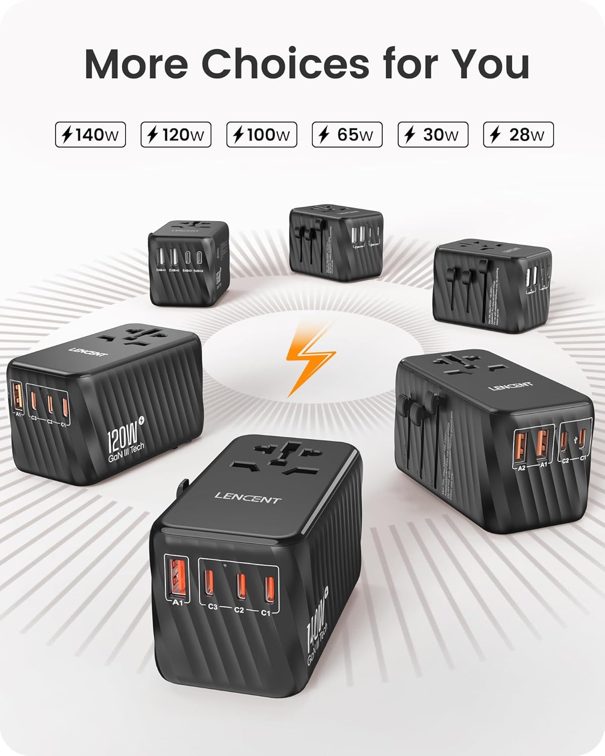 Thumbnail 5 de LENCENT internationaler Reiseadapter 65W GaN3 mit 2× USB-A und 3× USB-C (PD), EU/UK/US/AU, schwarz