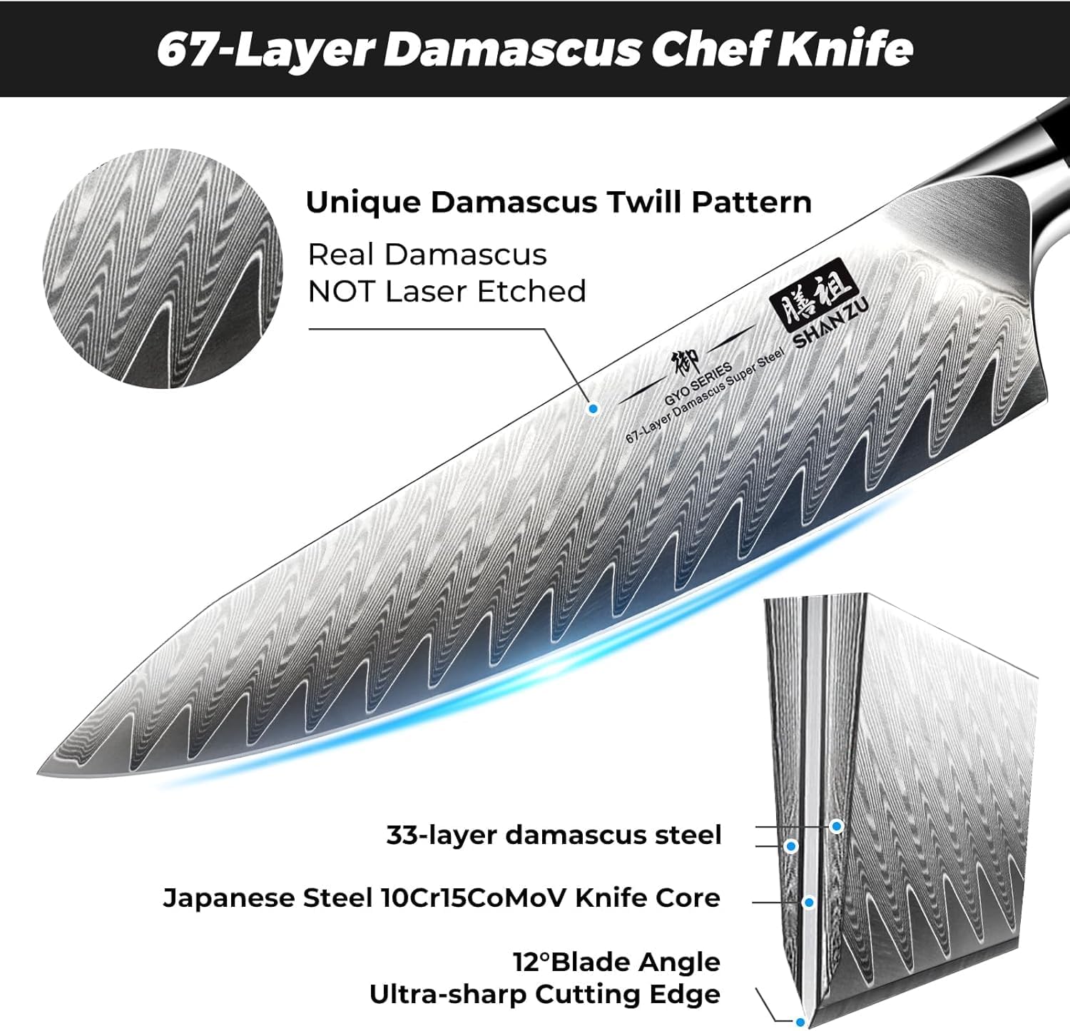 Detalle de SHAN ZU GYO Messerblock-Set (7-teilig) mit Damaststahlmessern aus Japanischem 10Cr15CoMoV
