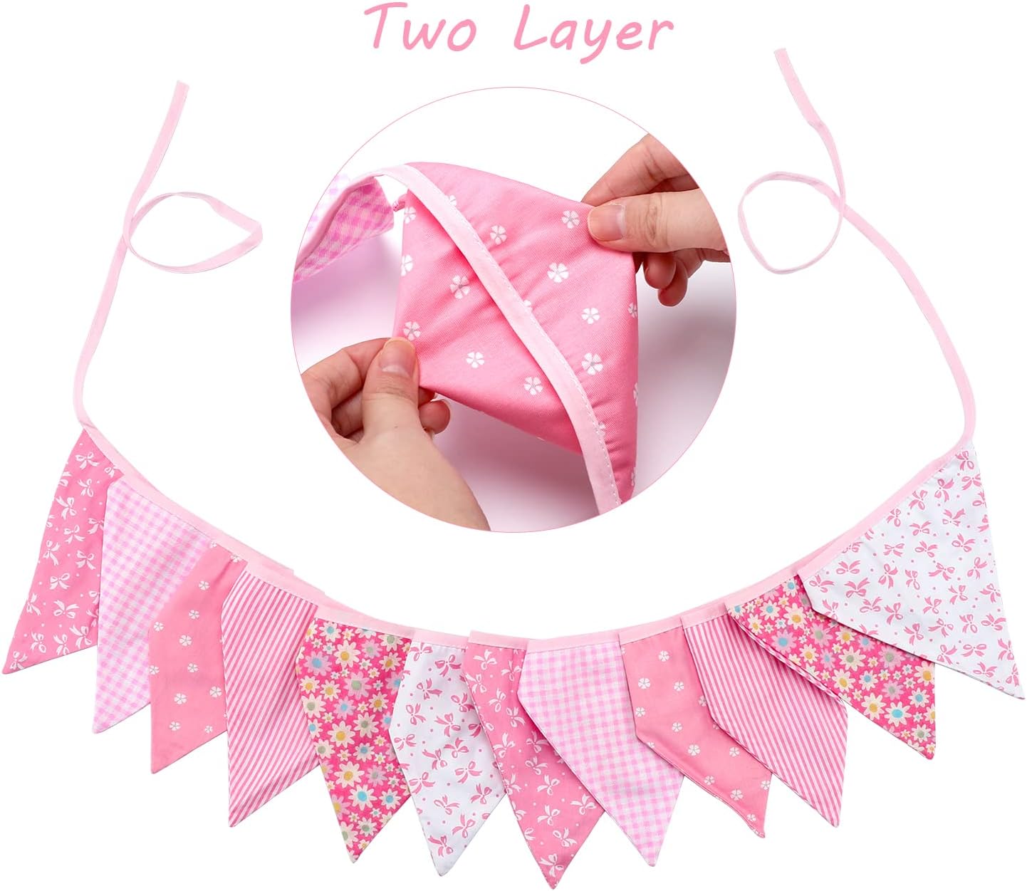 Thumbnail 3 de G2PLUS Double Sided Fabric Bunting Banner – 3.3M Two-Layer Floral Triangle Garland (12 Pink Pennants)