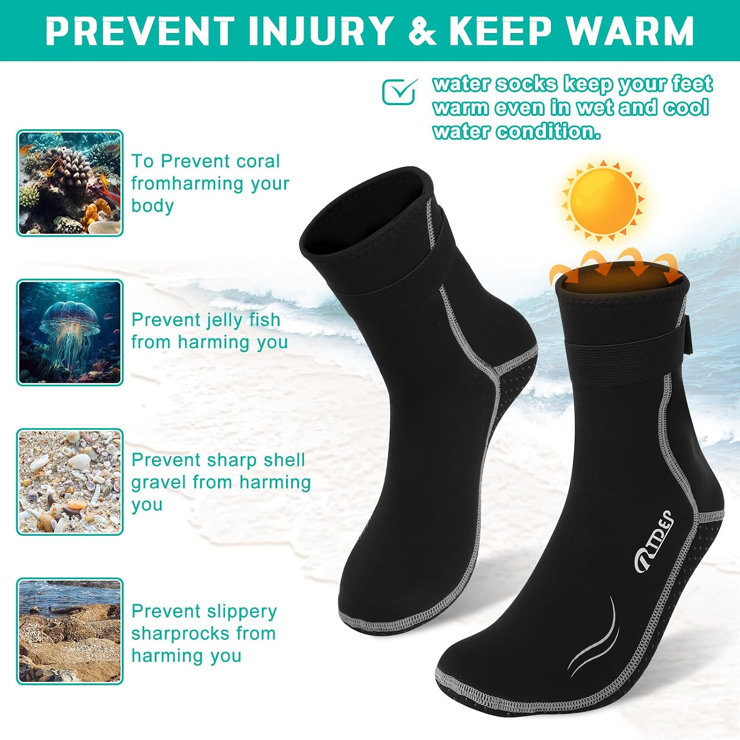 Detalle de Rtdep Neoprene Socks 3mm – Anti-Slip Wetsuit Socks for Diving, Snorkelling and Sailing