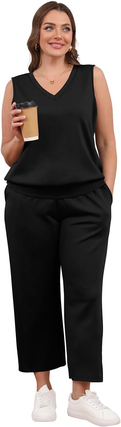 Detalle de WIHOLL Two Piece Set for Women: Summer Lounge Set with V Neck Top and Wide-Leg Cropped Pants