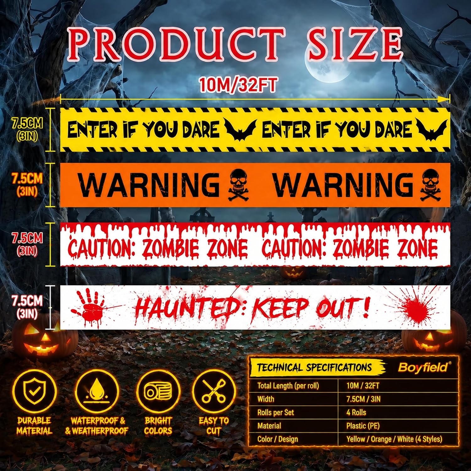 Thumbnail 1 de Boyfield ADLQ82340 Halloween-waarschuwingstape, 4-delig in vier kleuren