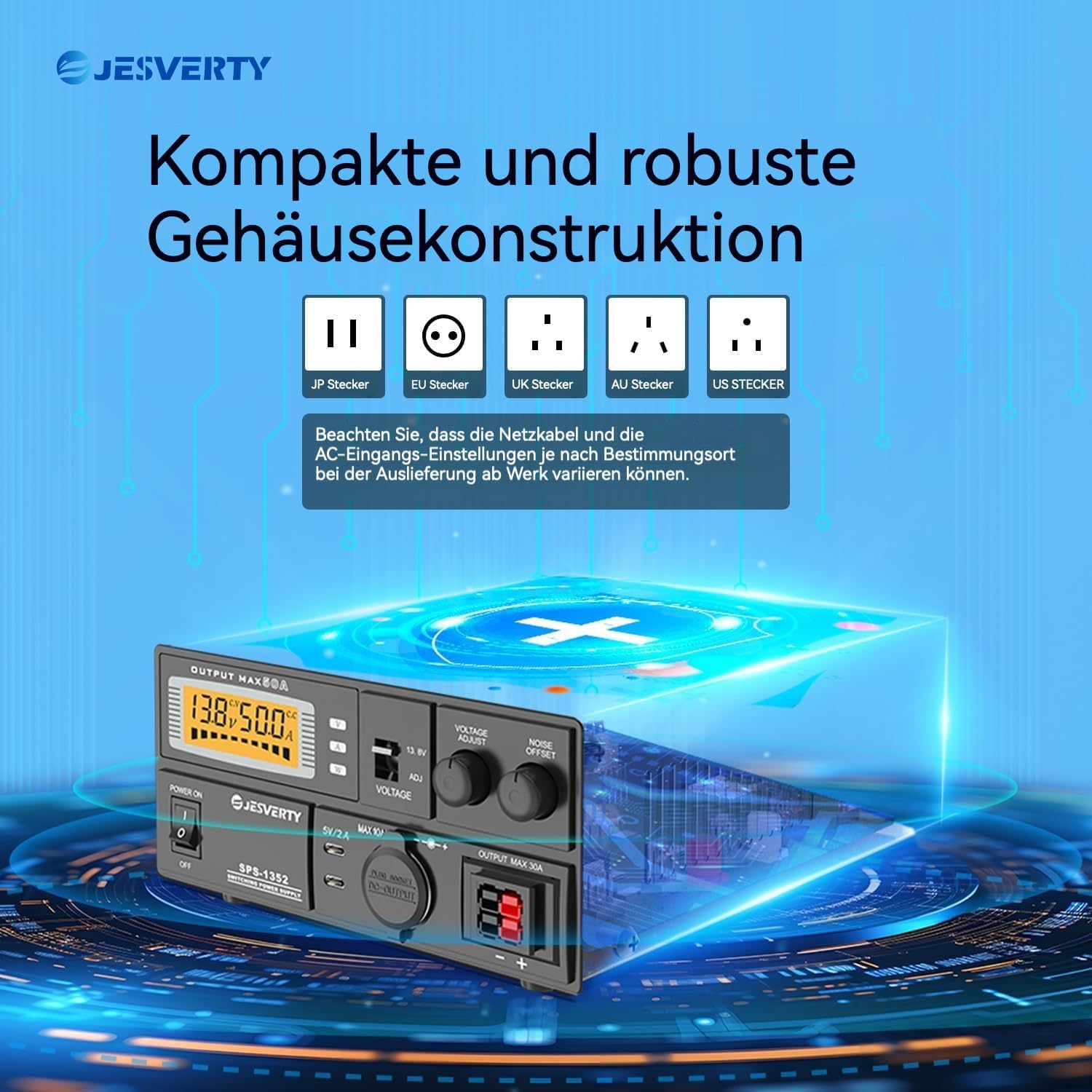 Detalle de Jesverty SPS-1352: Universelles kompaktes Tischnetzteil mit 50 A, vielseitigen Anschlüssen und Rauschunterdrückung