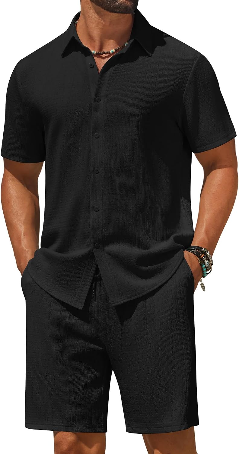 Detalle de COOFANDY Men’s 2-Piece Shirt and Beach Shorts Set, Lightweight Textured Fabric