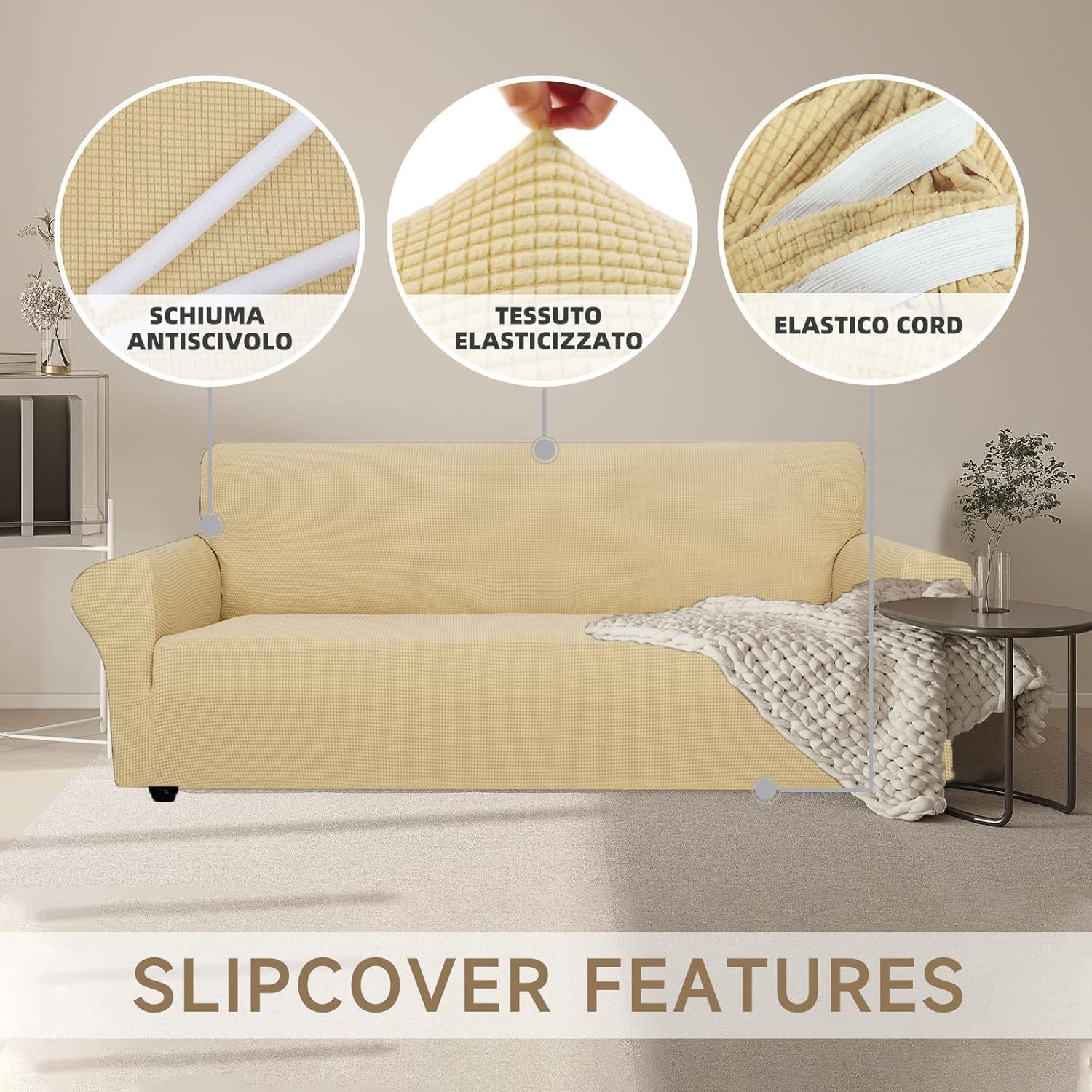 Detalle de Ystyle Housse de canapé extensible 4 places avec accoudoirs, beige jaune