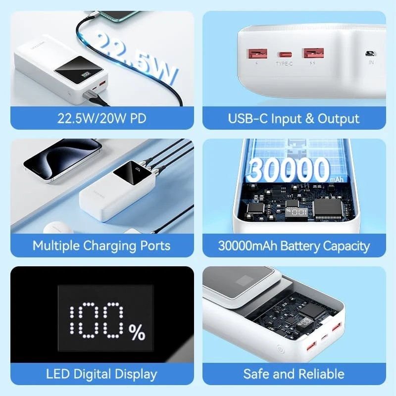 Detalle de Vention FHMW0 Power Bank 30000mAh 22.5W con Display LED – Blanco