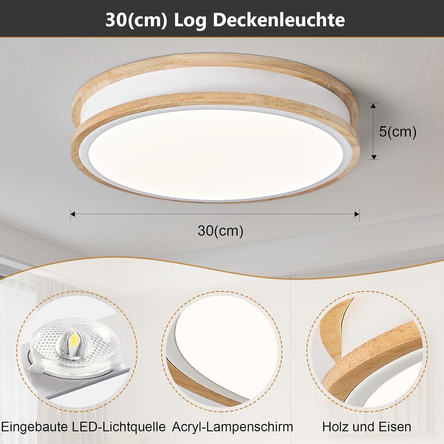 Thumbnail 3 de Vikaey LED-Deckenleuchte 30 cm rund aus Holz und Metall – 24 W, 4000 K neutralweiß