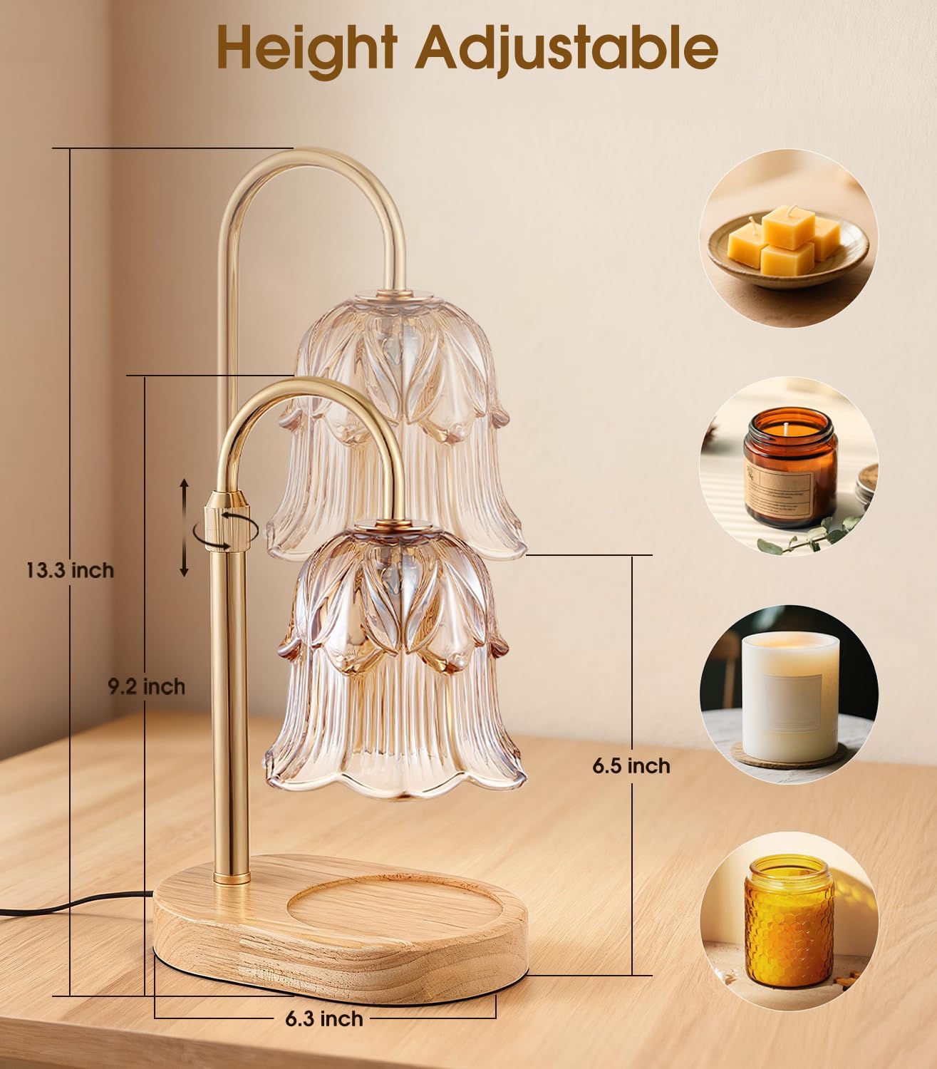 Detalle de Pfxud SY-RLD03 Candle Warmer Lamp with Flower Glass Shade, Adjustable Height and Timer