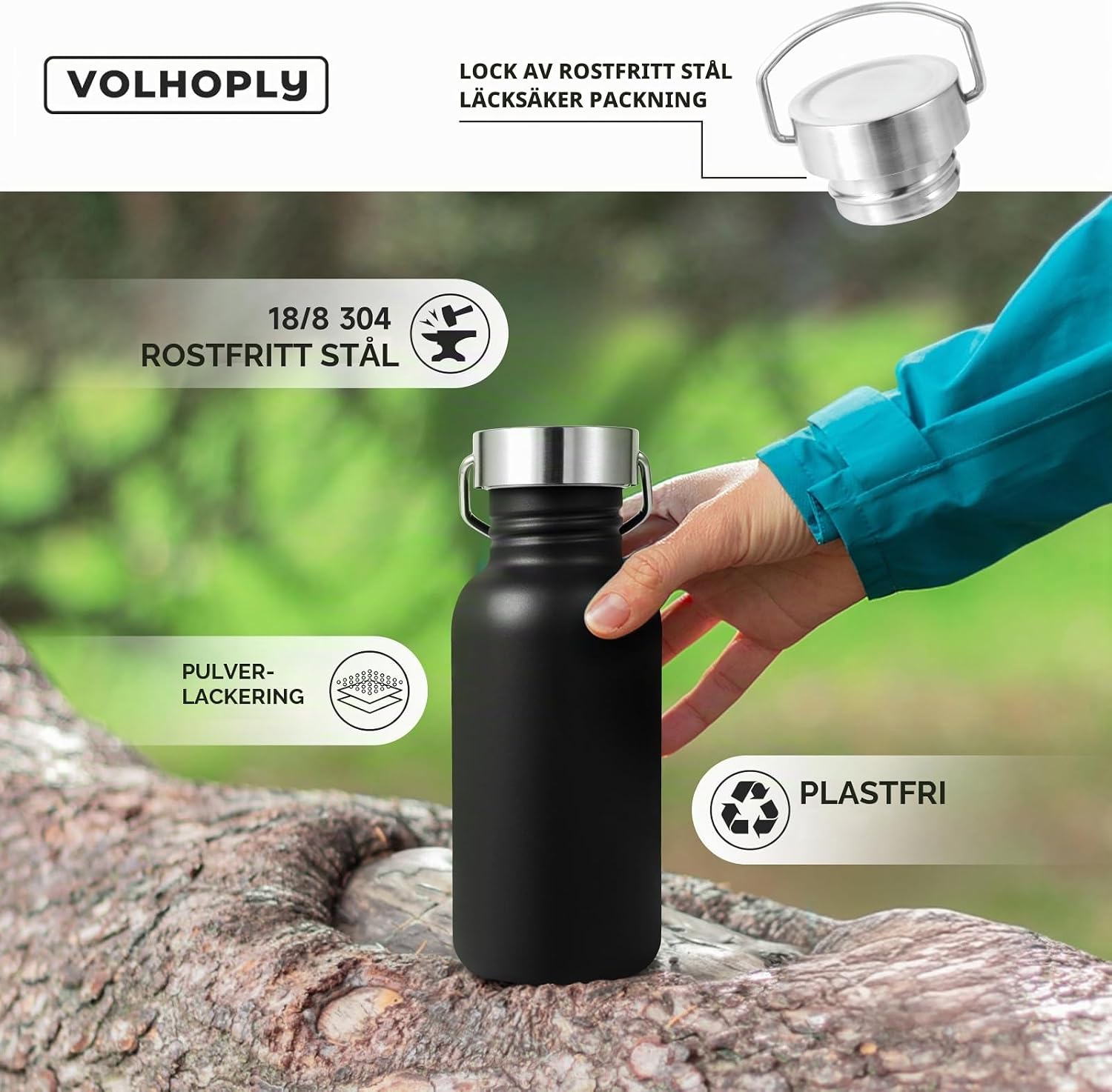 Detalle de Volhoply vattenflaska 500 ml, 2-pack i svart rostfritt stål